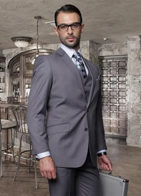 2 Button Charcoal Suit with a Vest Super 150's Italian Pick Stitched Lapel Slanted Pocket - Three Piece Suit