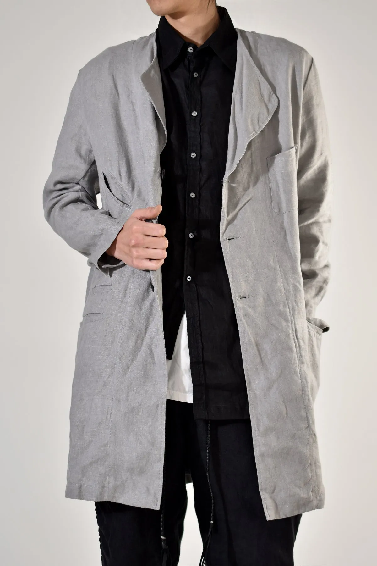 2001-JK02A No Collar Linen Coat Charcoal