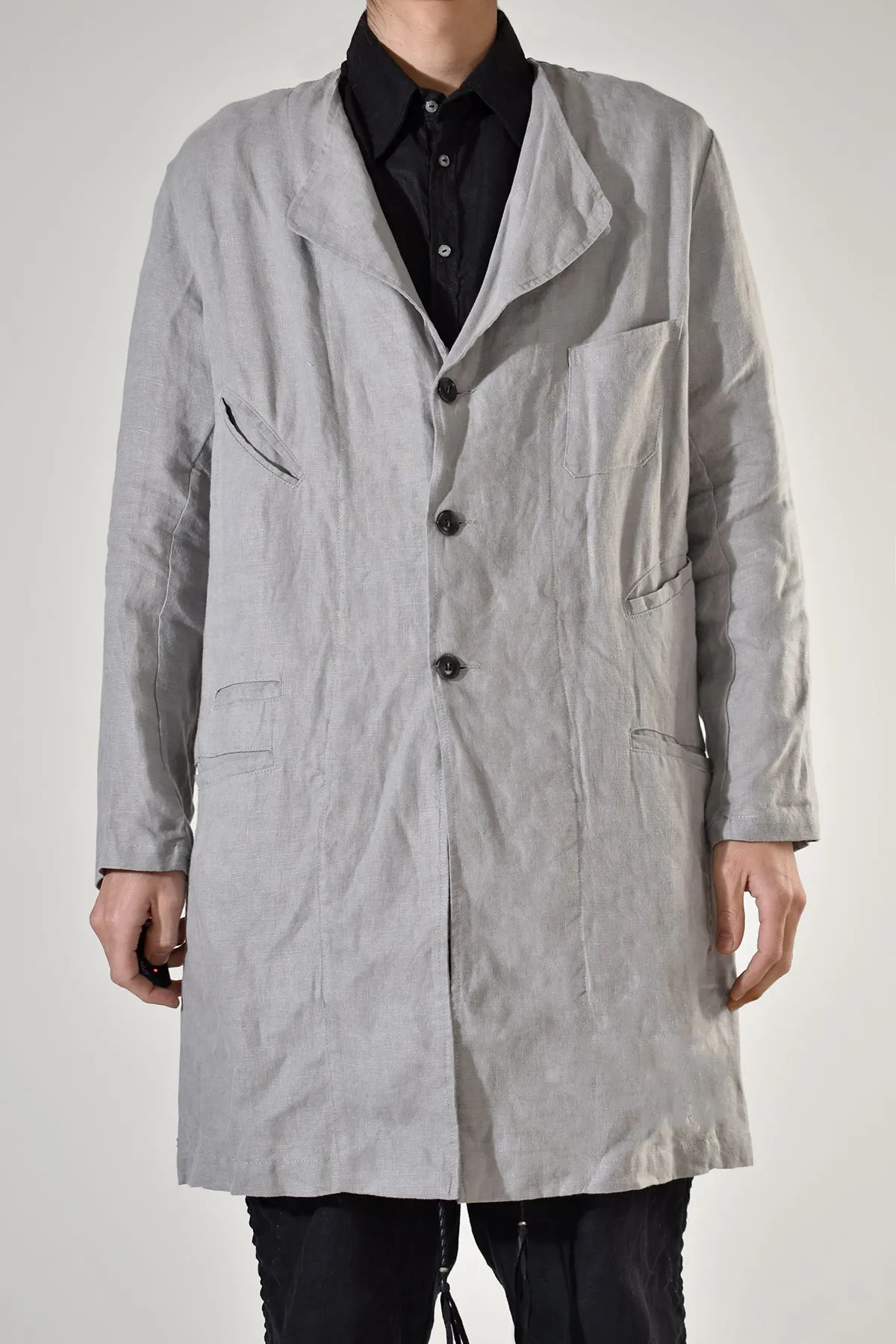 2001-JK02A No Collar Linen Coat Charcoal