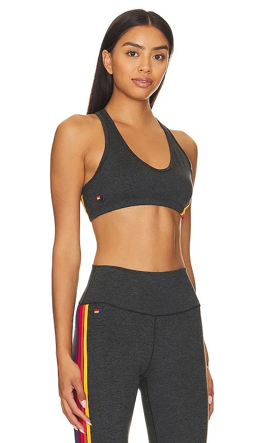 Aviator Nation 5 Stripe V Cut Sports Bra in Charcoal