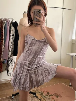 Ballet Pink Velvet Diagonal Lace Stripe Slip Dress
