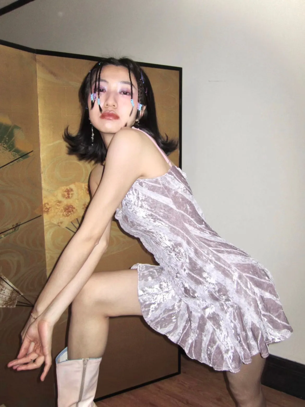 Ballet Pink Velvet Diagonal Lace Stripe Slip Dress