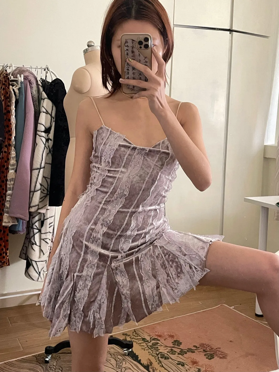 Ballet Pink Velvet Diagonal Lace Stripe Slip Dress