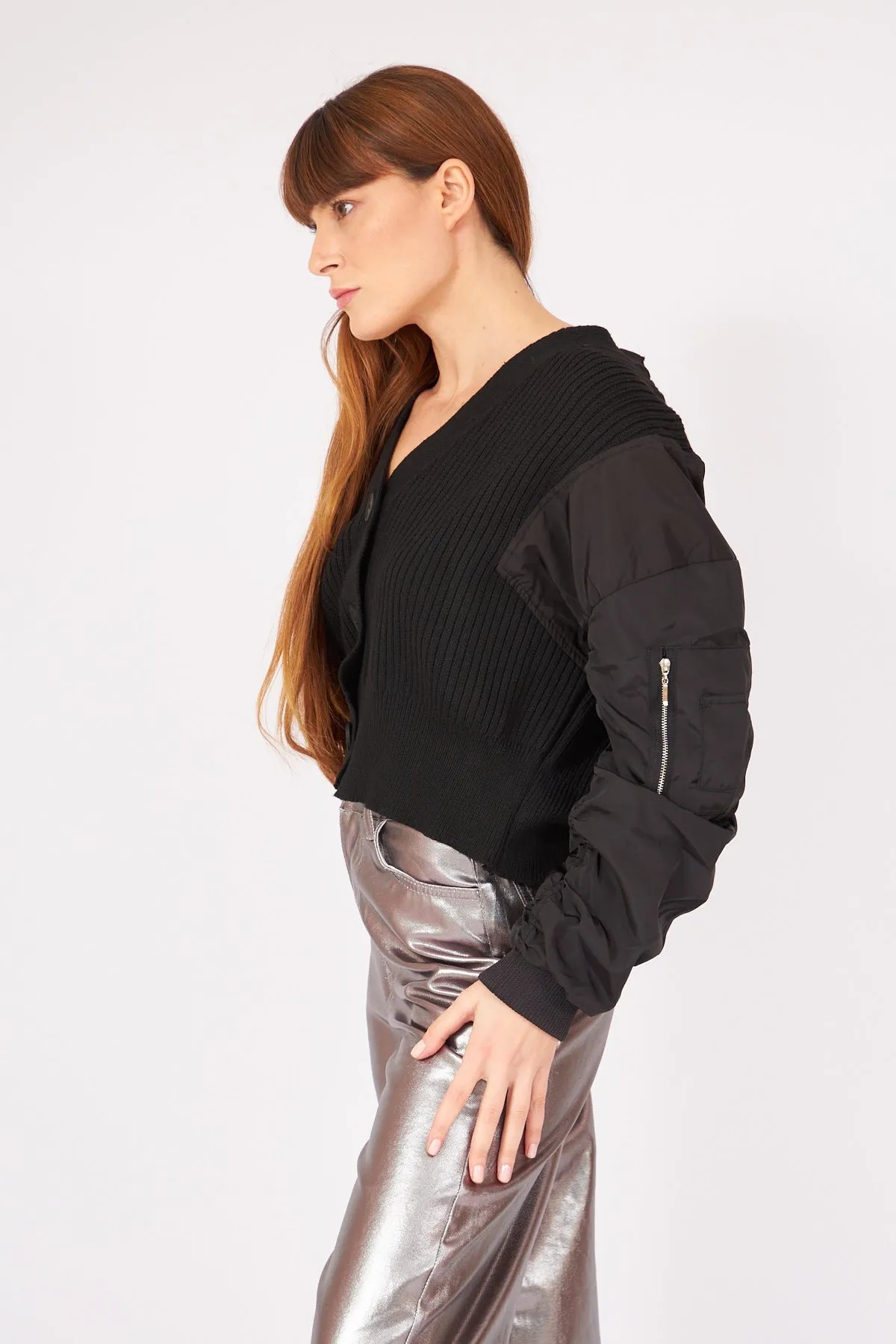 Black Knitwear Cardigan With Parachute Stitched Sleeves