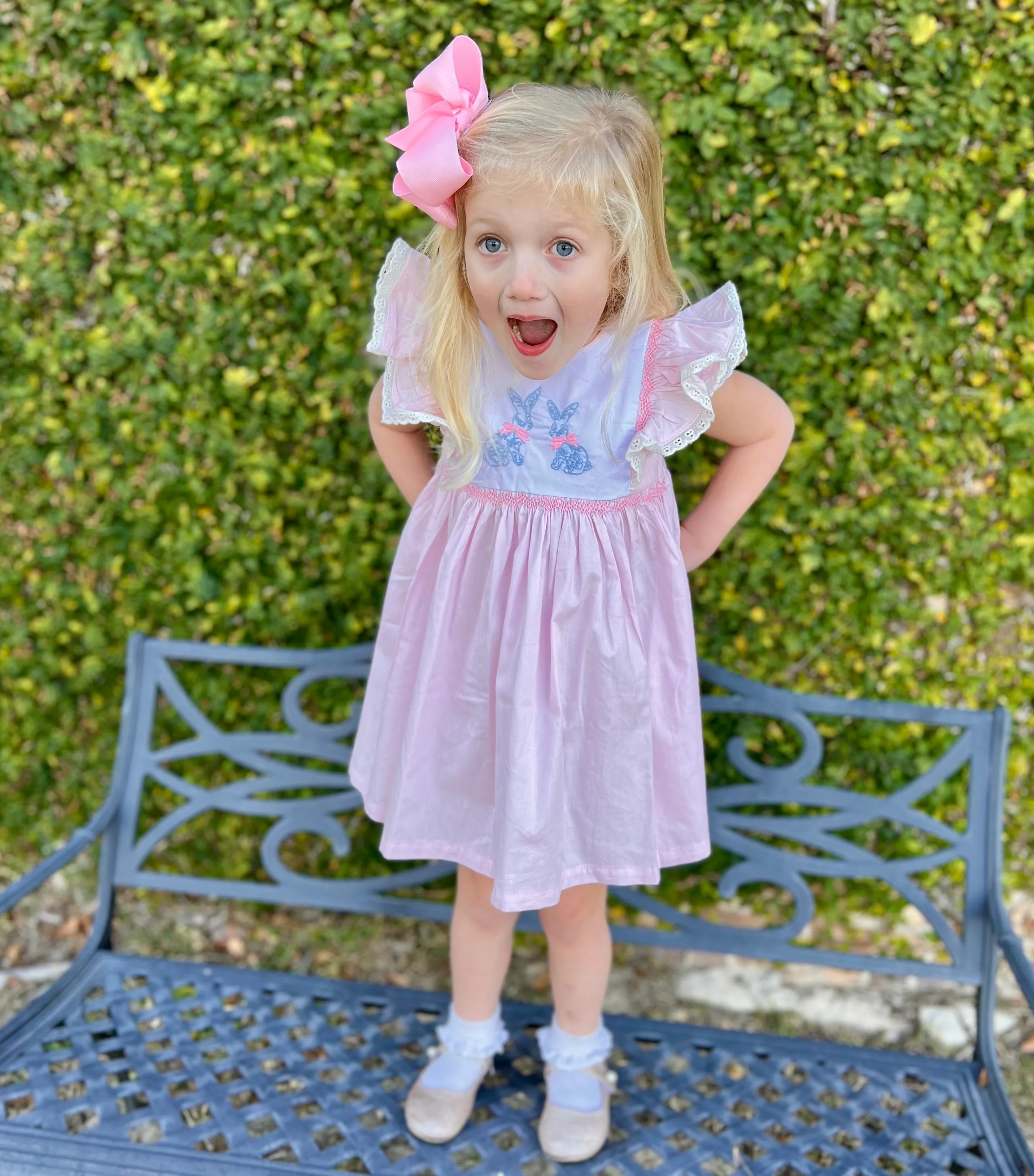 Bunnies Smocked Avignon Dress - Chinoiserie Embroidered Bunnies