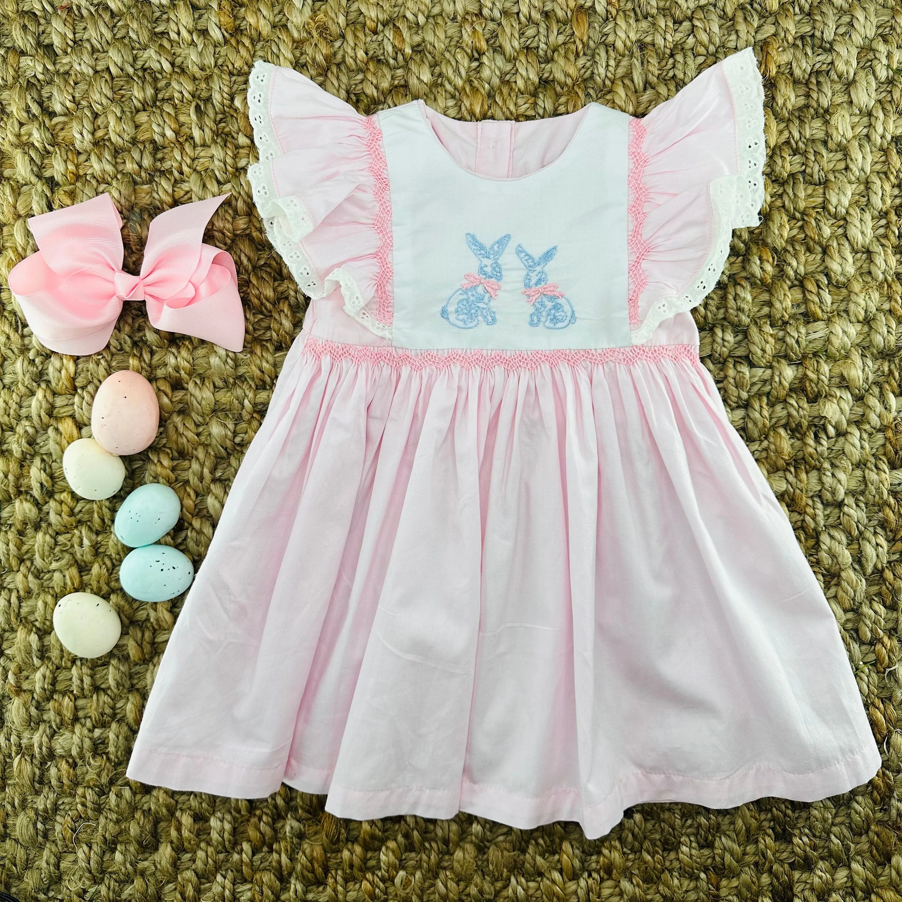 Bunnies Smocked Avignon Dress - Chinoiserie Embroidered Bunnies