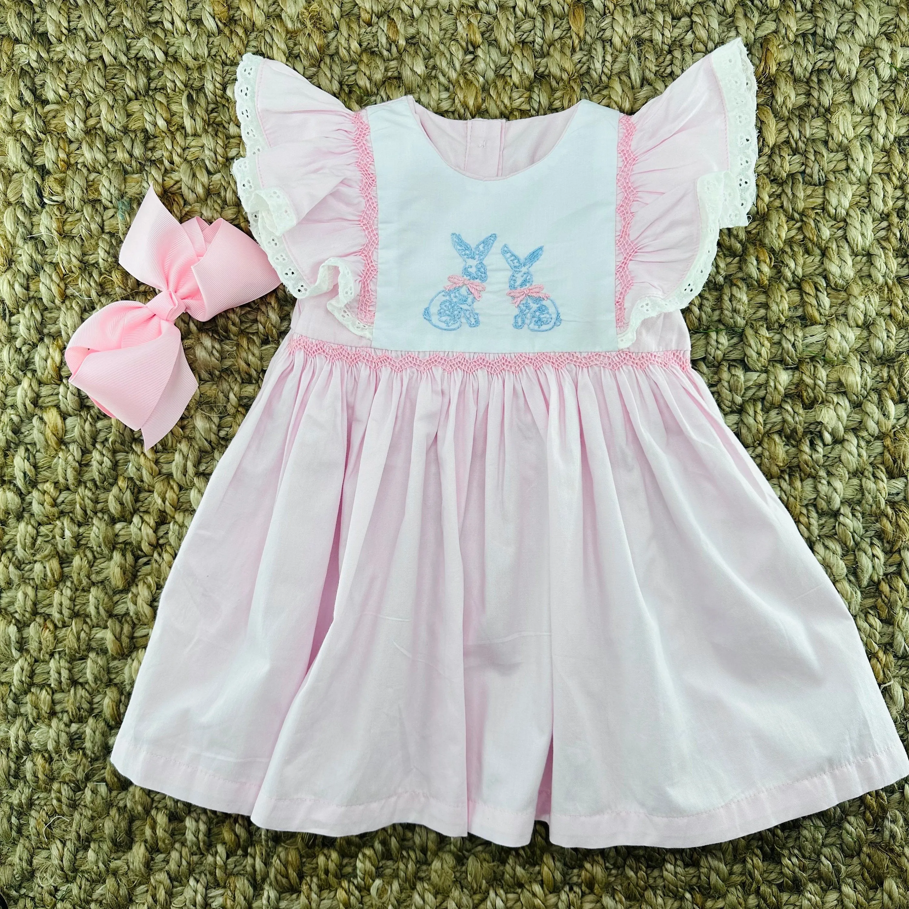 Bunnies Smocked Avignon Dress - Chinoiserie Embroidered Bunnies