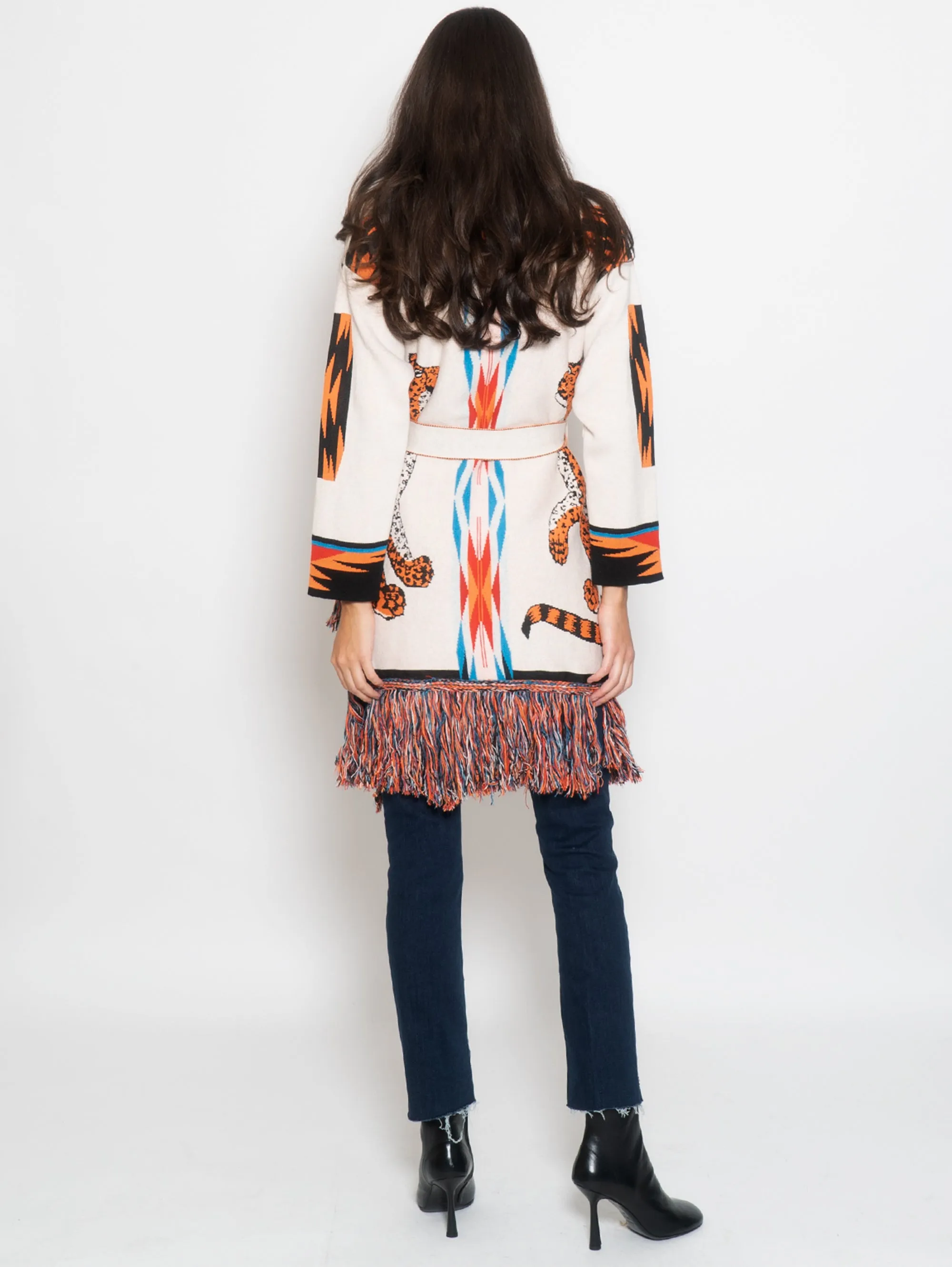 Cardigan con Frange e Ricami Panna