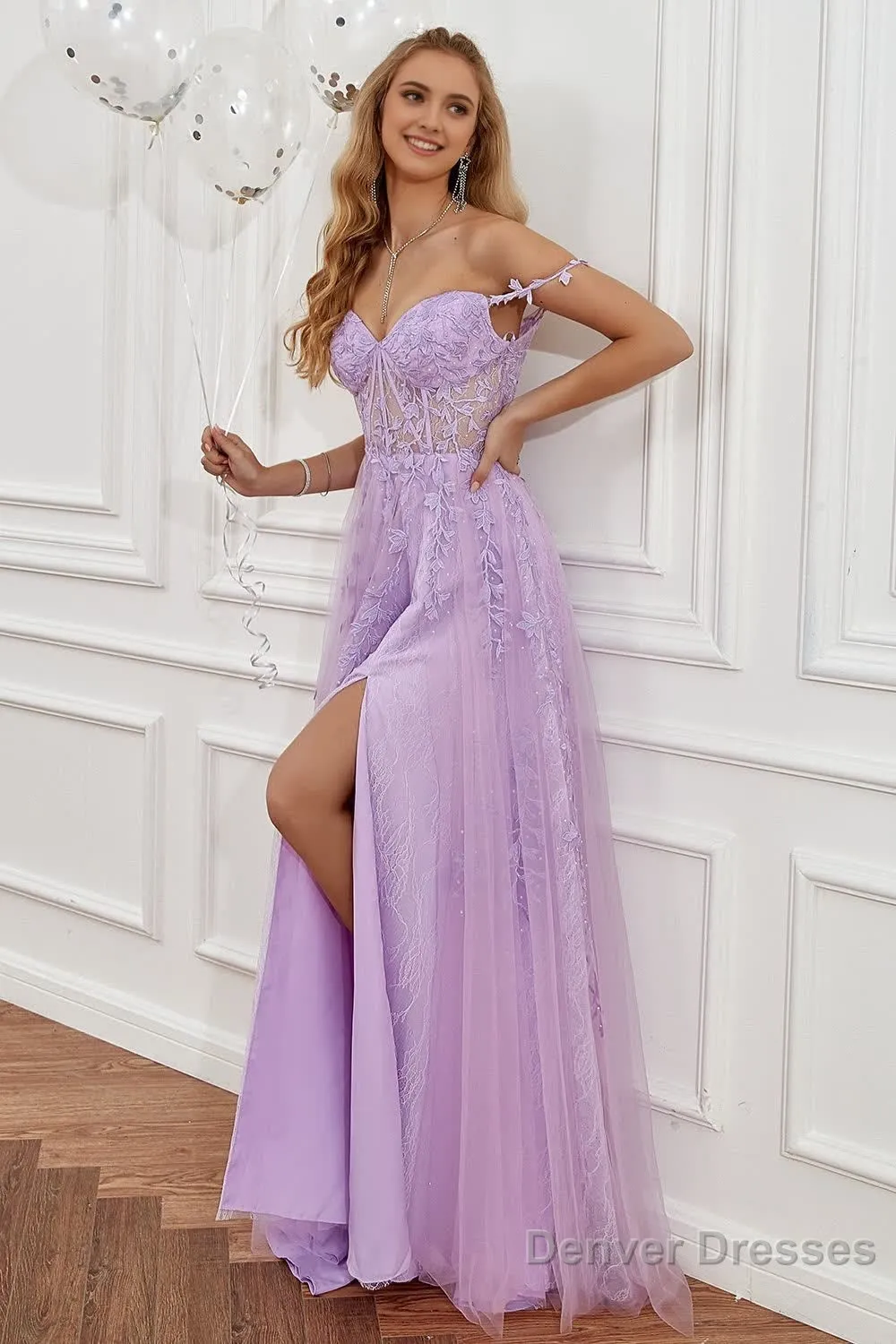 Charcoal Off the Shoulder Prom Dress with Appliques