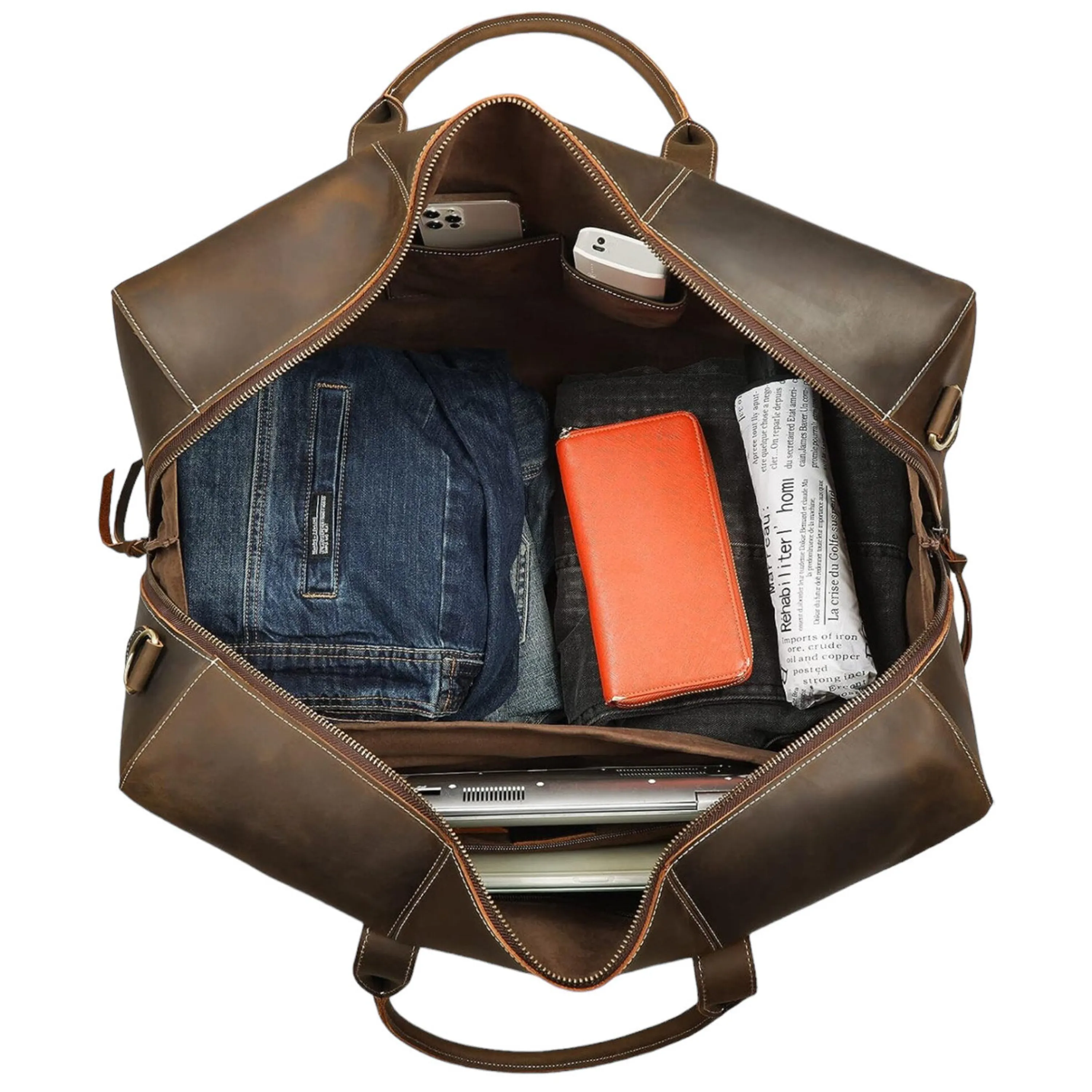 Dazzlo Leather Duffle Bag with Shoe Compartment - Brown - 18"/20"/22"/24"