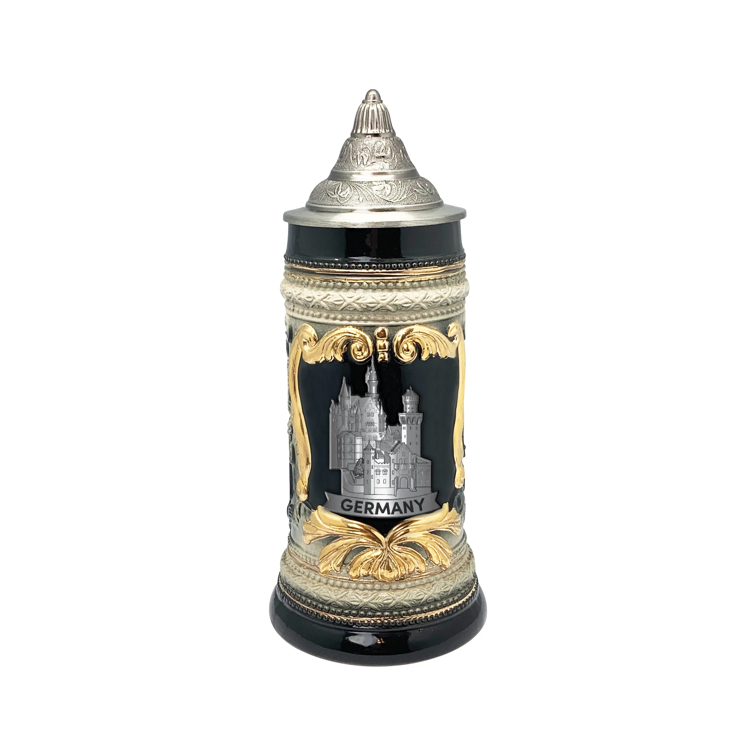 Deluxe Relief Castle Medallion Lidded German Beer Stein | .6 Liter