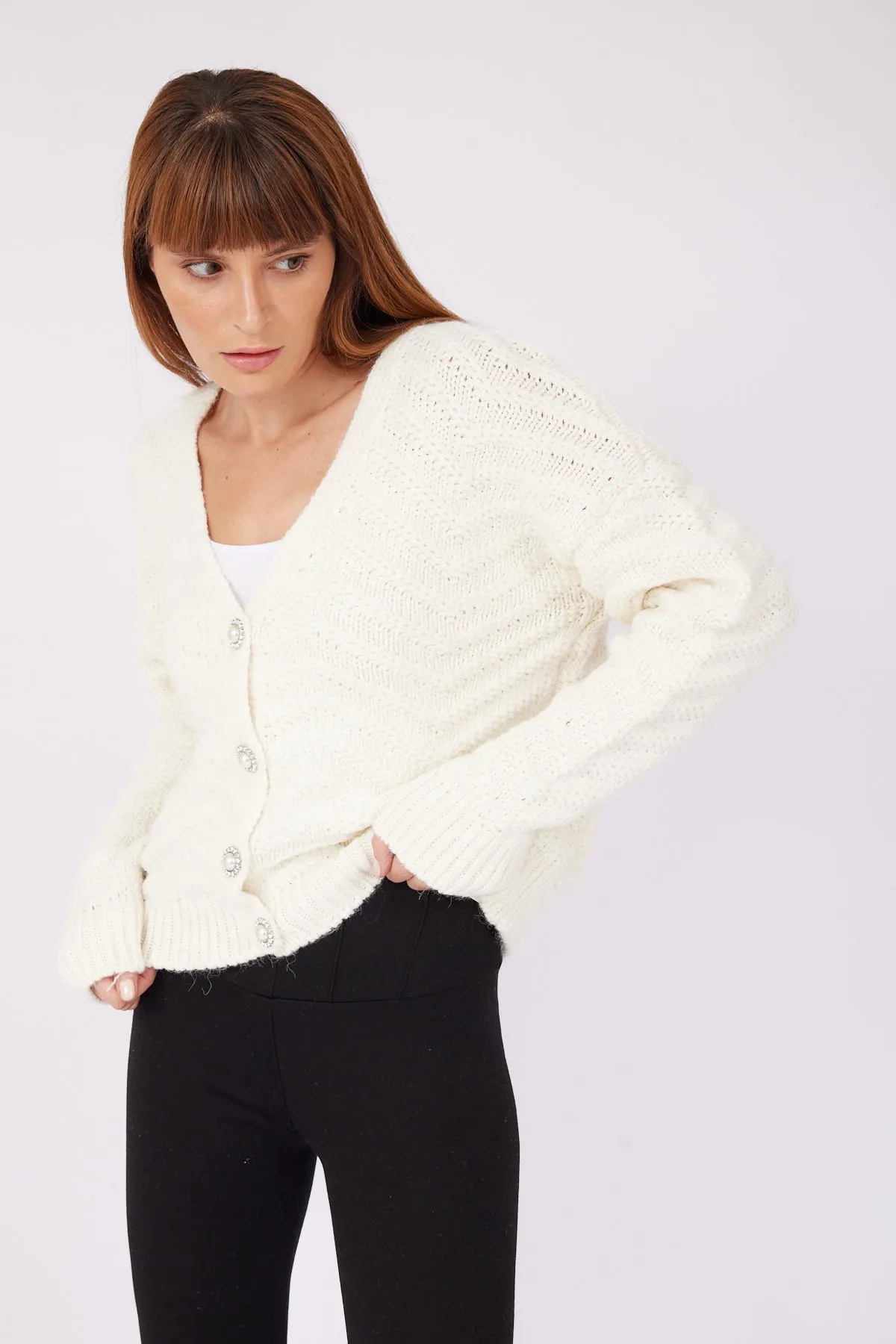 ECRU ZIGZAG POLISH PATTERNED CARDIGAN