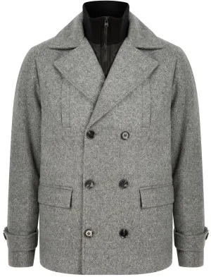 Finley Double Breasted Wool Look Pea Coat with Quilted Mock Insert in Mid Grey Marl - Tokyo Laundry