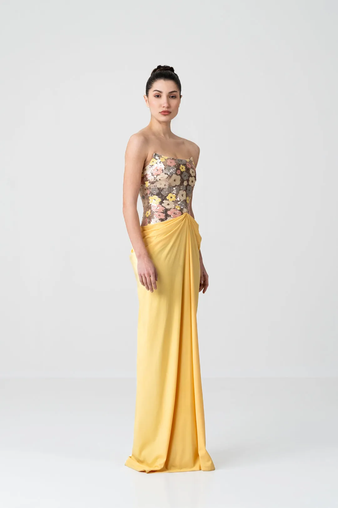 FLOWER SEQUIN CORSET DRAPE DRESS