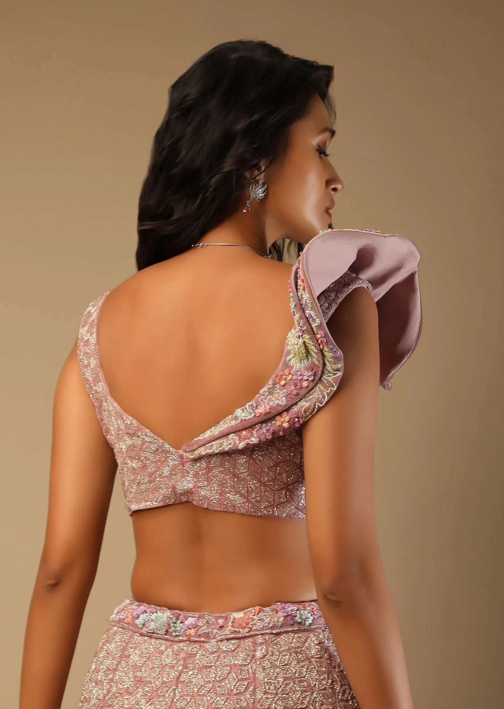 Frozen Mauve Lehenga In Velvet With Multi Colored Embroidered Floral Motifs, Fancy One Shoulder Design And Ruffle Dupatta