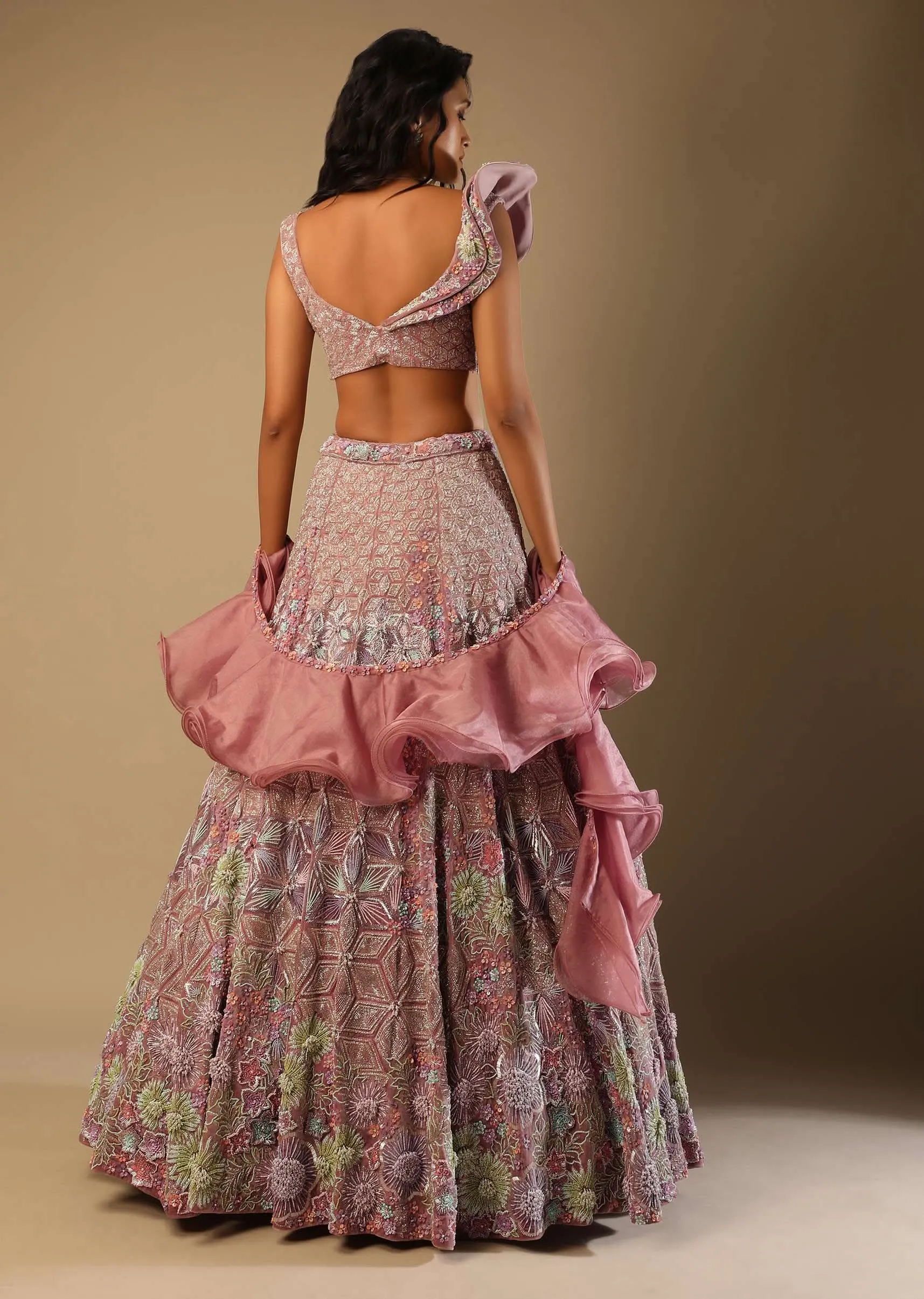Frozen Mauve Lehenga In Velvet With Multi Colored Embroidered Floral Motifs, Fancy One Shoulder Design And Ruffle Dupatta