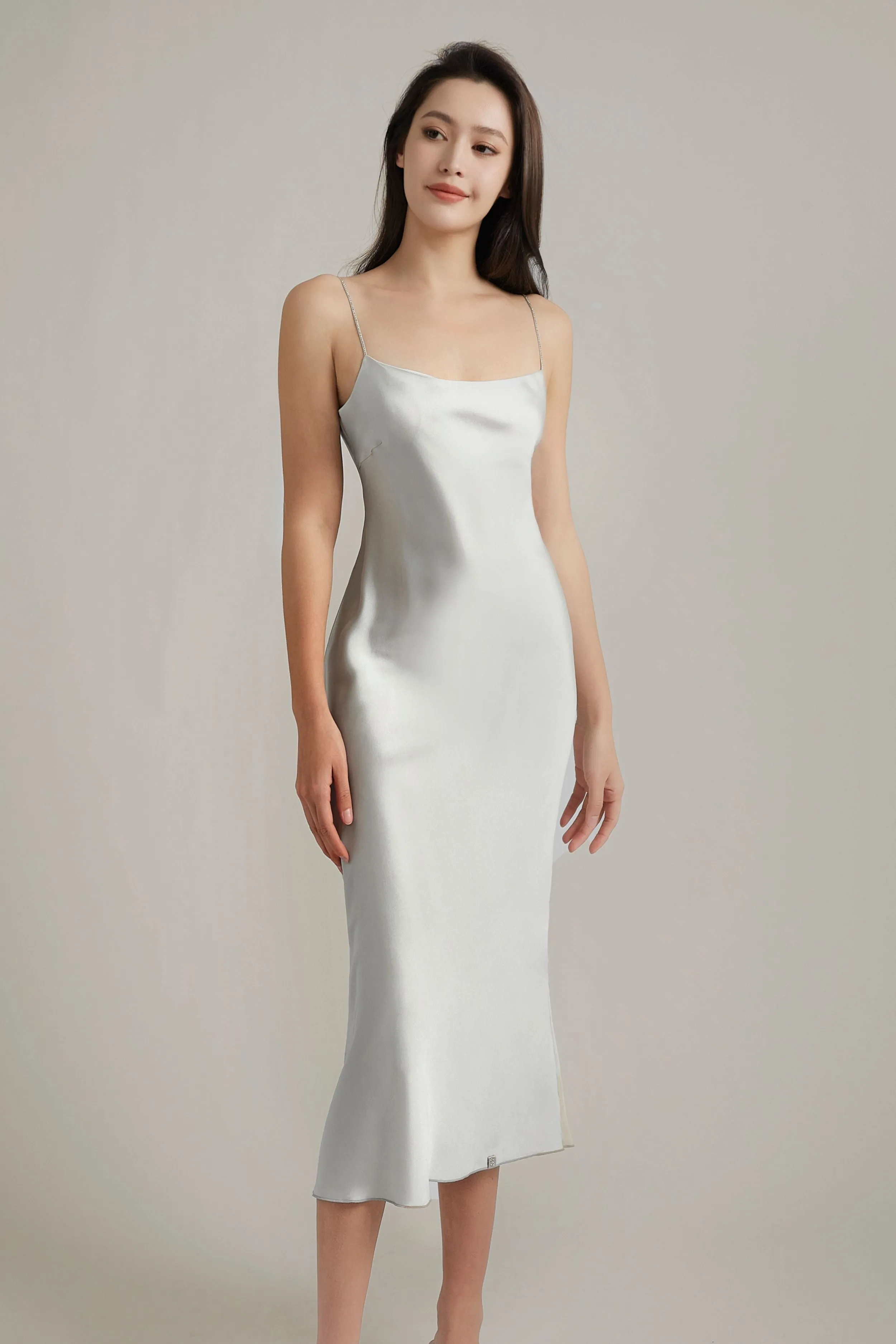 Galaxy Grey Silk Slip Midi Dress