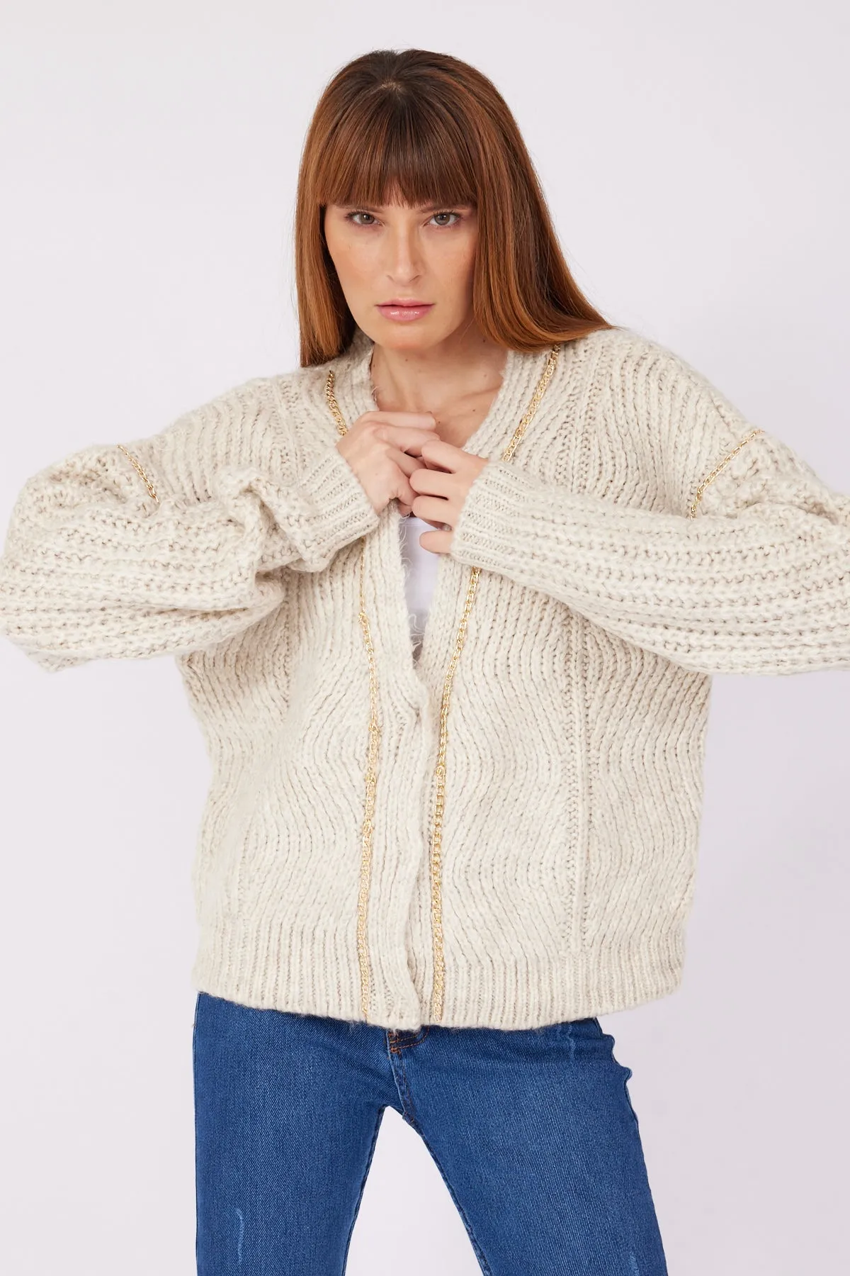 GOLD CHAIN DETAIL CARDIGAN