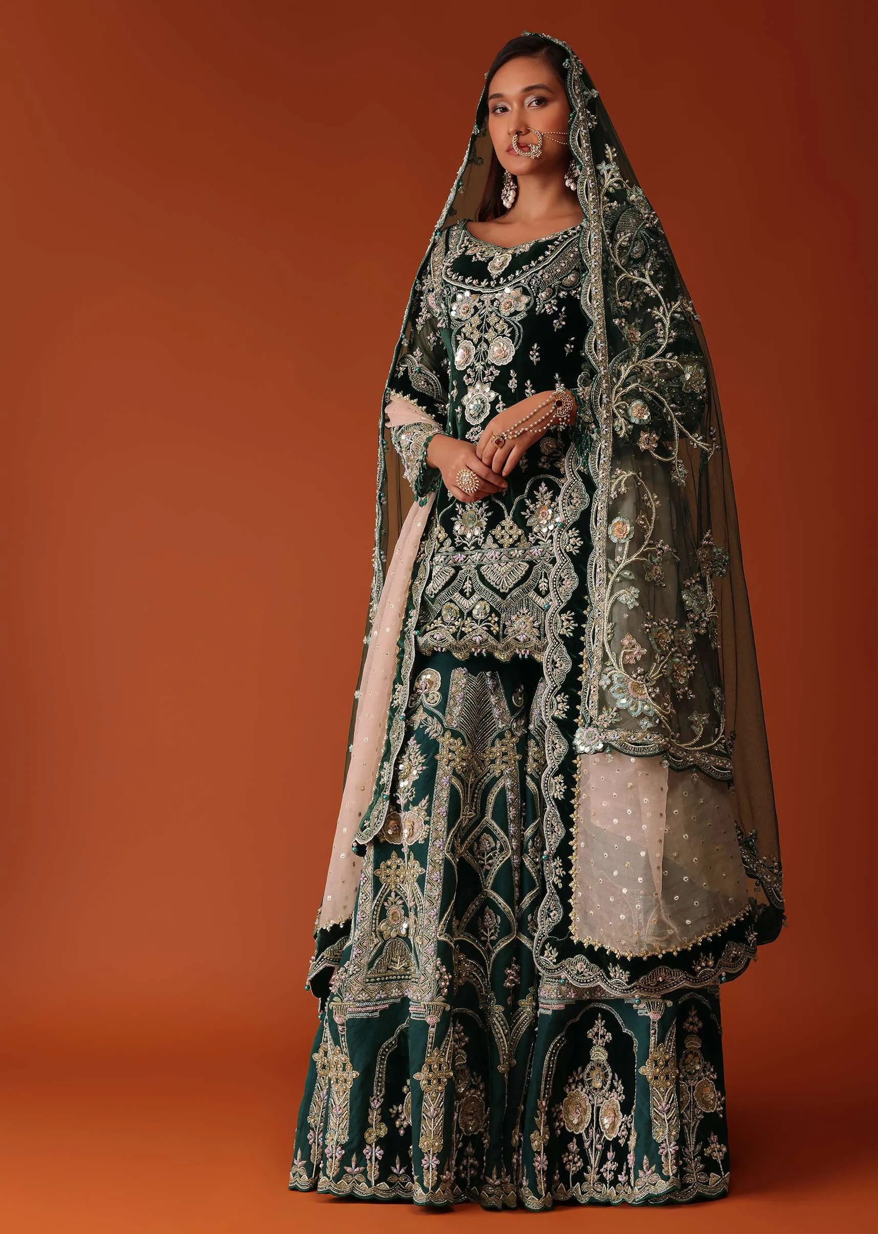Green Heavily Embroidered Bridal Sharara Suit Set In Velvet