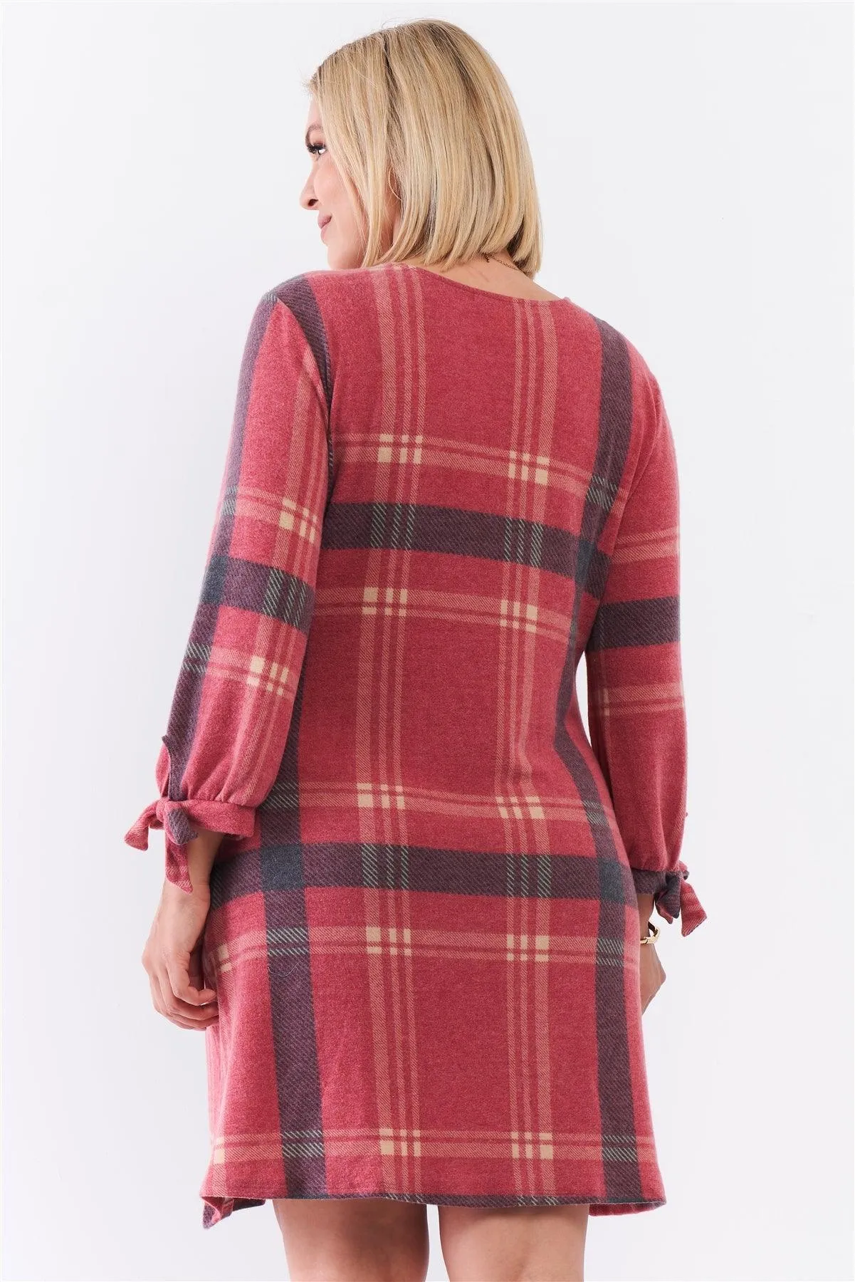 Junior Plus Retro Red Plaid Bow Detail Midi Sleeve Relaxed Soft Mini Dress /2-2-1