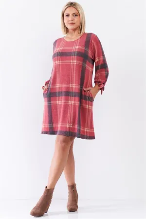 Junior Plus Retro Red Plaid Bow Detail Midi Sleeve Relaxed Soft Mini Dress /2-2-1