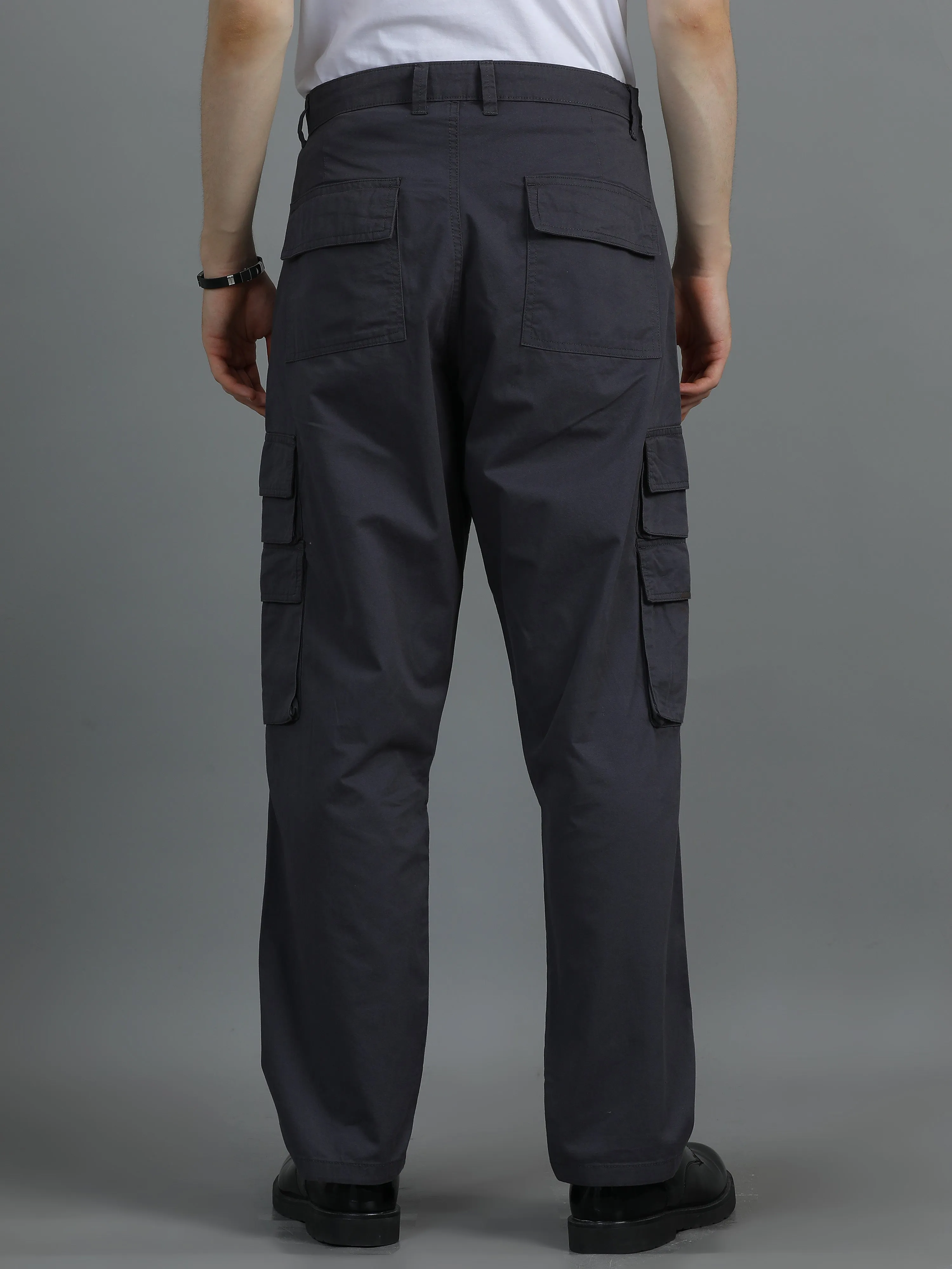 Men 2 Cotton Relaxed Fit Cargo Trousers, Charcoal Grey Brown