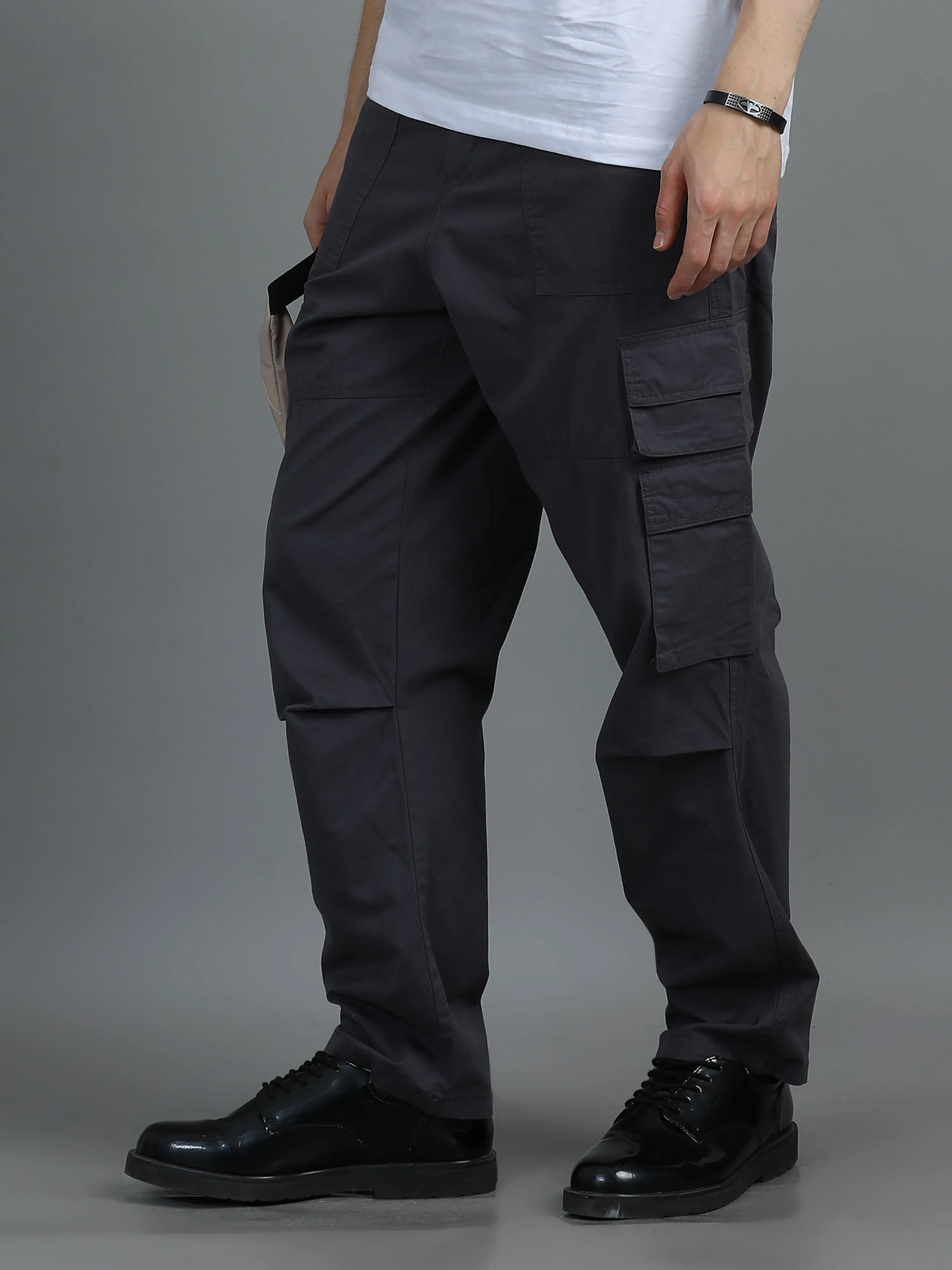 Men 2 Cotton Relaxed Fit Cargo Trousers, Charcoal Grey Brown