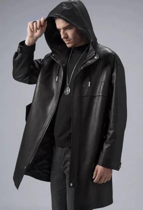 Men's Mid-Length Black Leather Coat with Hood