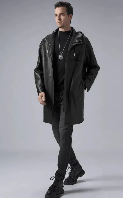 Men's Mid-Length Black Leather Coat with Hood
