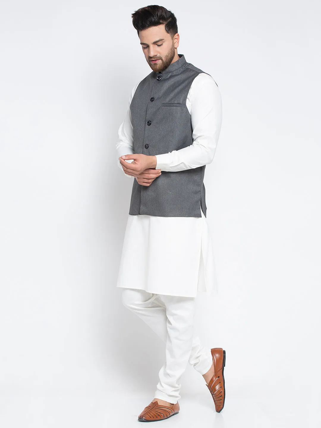 Men's Solid White Cotton Kurta Payjama with Solid Charcoal Waistcoat ( JOKPWC OW-F 4021 Charcoal ) - Virat Fashions