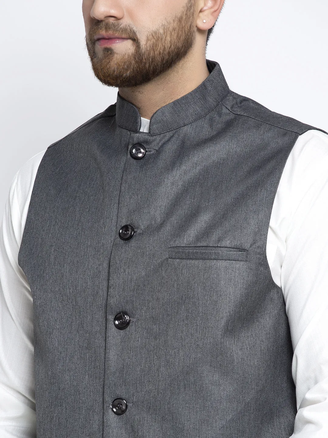Men's Solid White Cotton Kurta Payjama with Solid Charcoal Waistcoat ( JOKPWC OW-F 4021 Charcoal ) - Virat Fashions