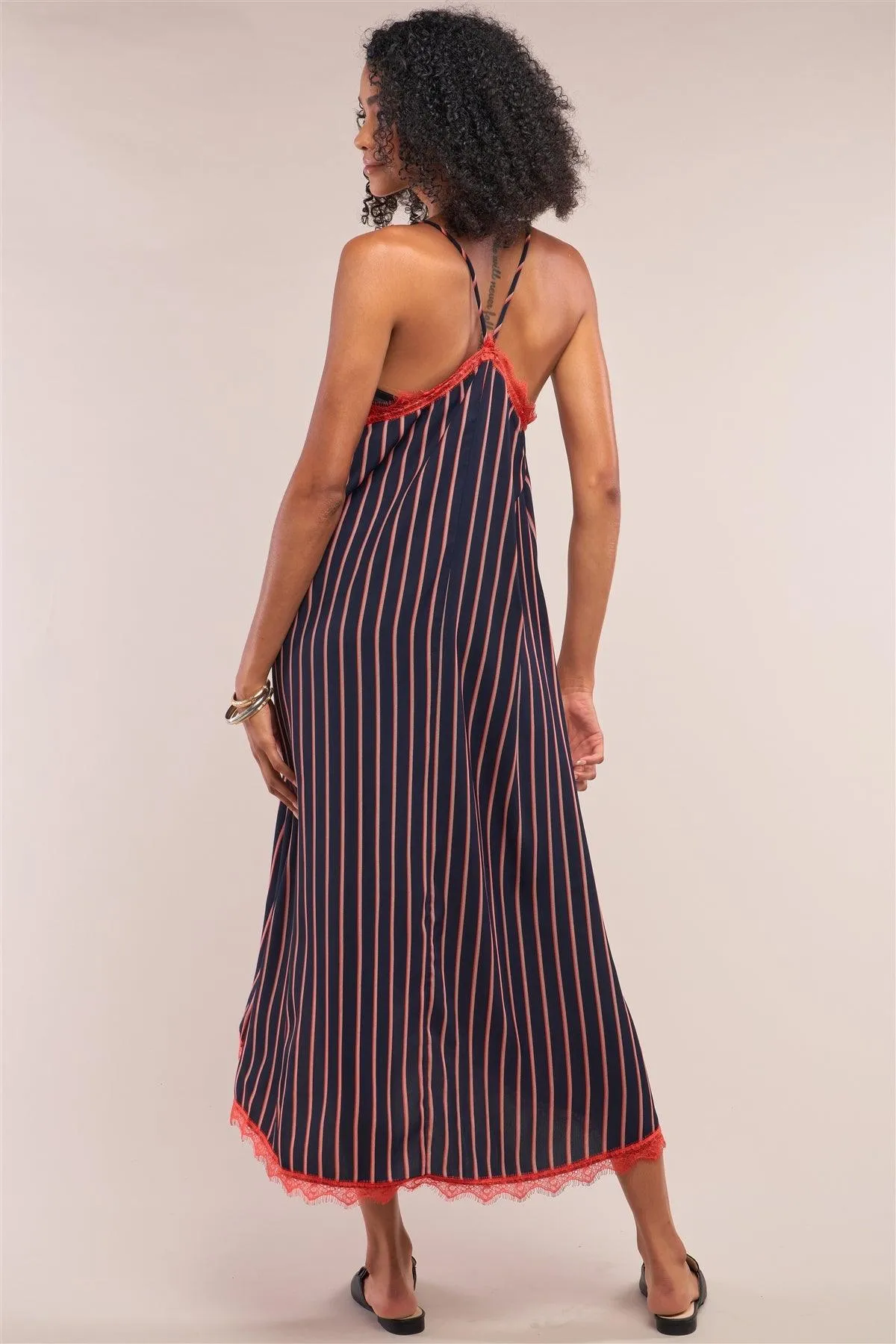 Navy Striped V-Neck Red Lace Trim Racerback Midi Slip Dress /1-2-3-1