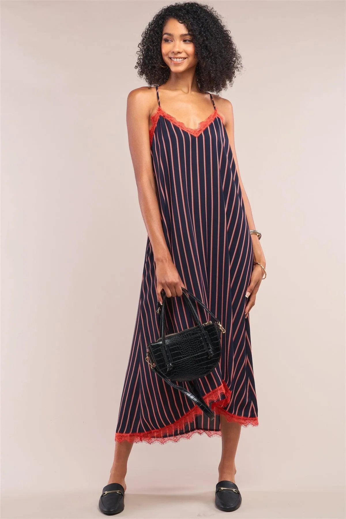 Navy Striped V-Neck Red Lace Trim Racerback Midi Slip Dress /1-2-3-1