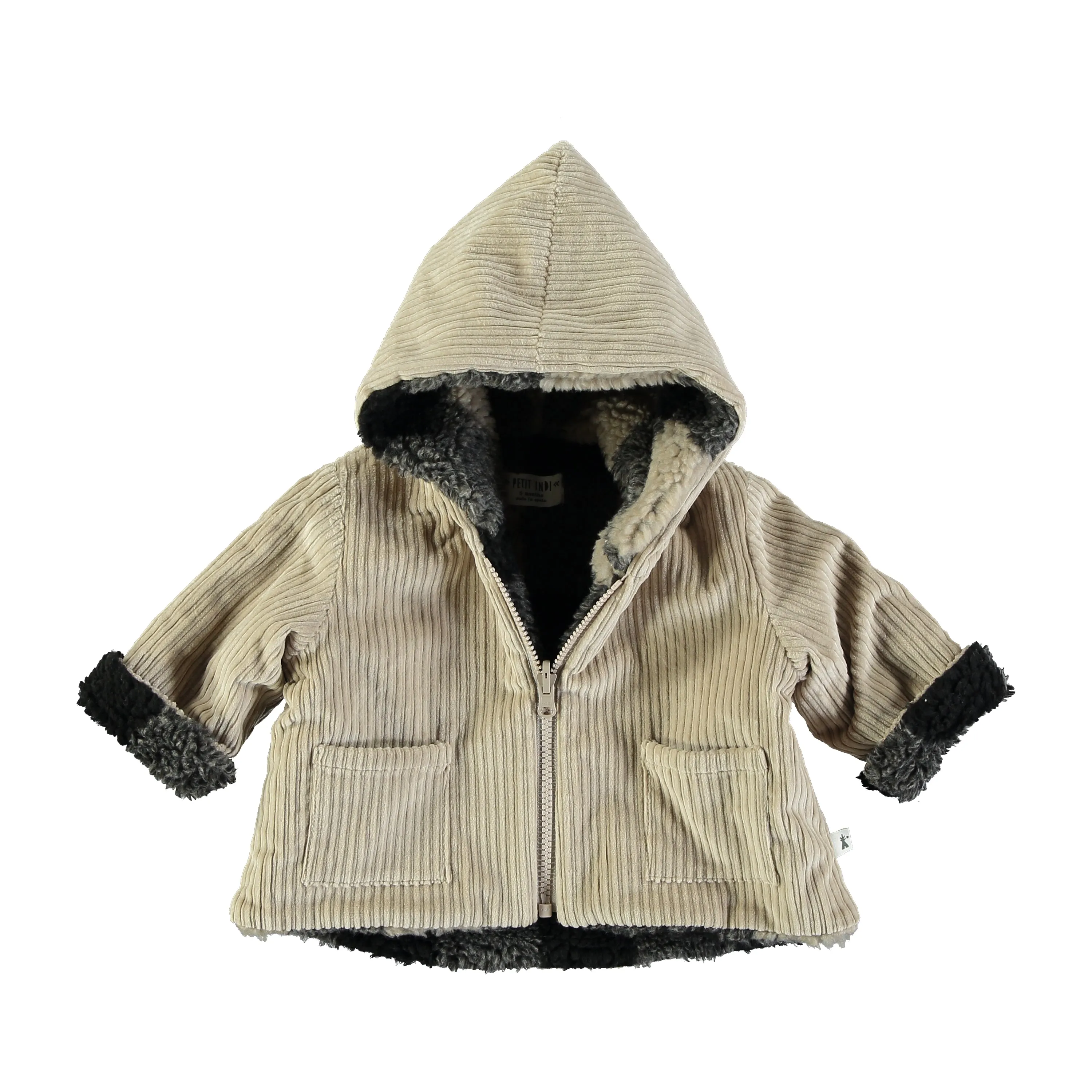 Petit Indi - Reversible Fleece Coat - Charcoal Plaid   Fawn