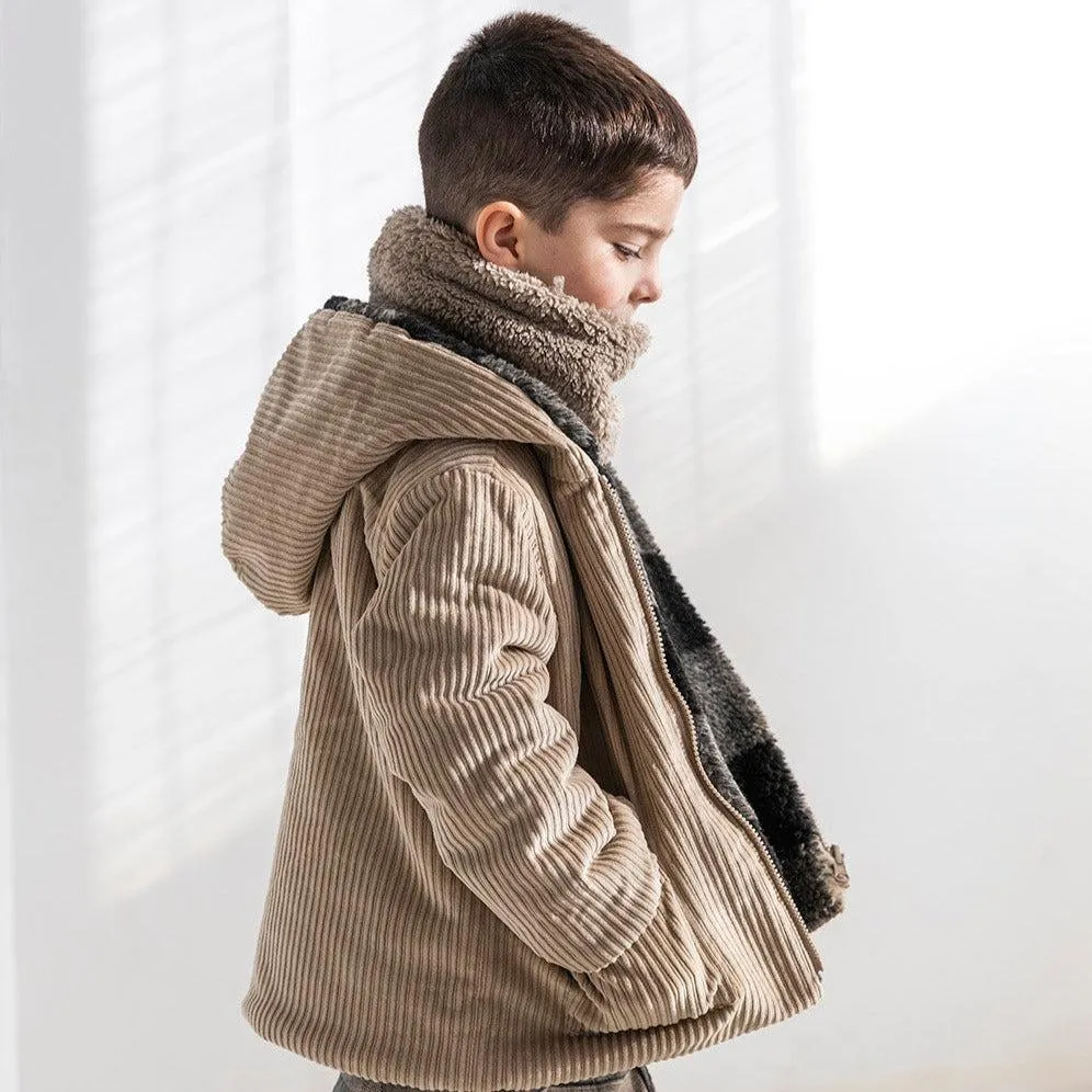 Petit Indi - Reversible Fleece Coat - Charcoal Plaid   Fawn