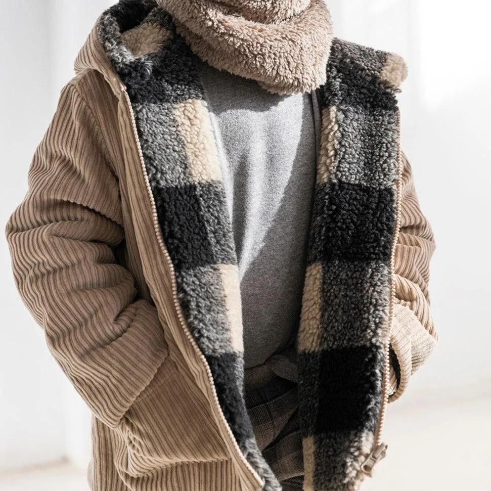 Petit Indi - Reversible Fleece Coat - Charcoal Plaid   Fawn