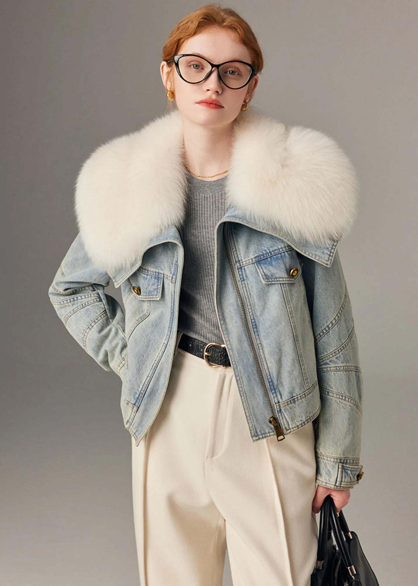 Real Fox Fur Collar Quilted Goose Down Short Denim Coat
