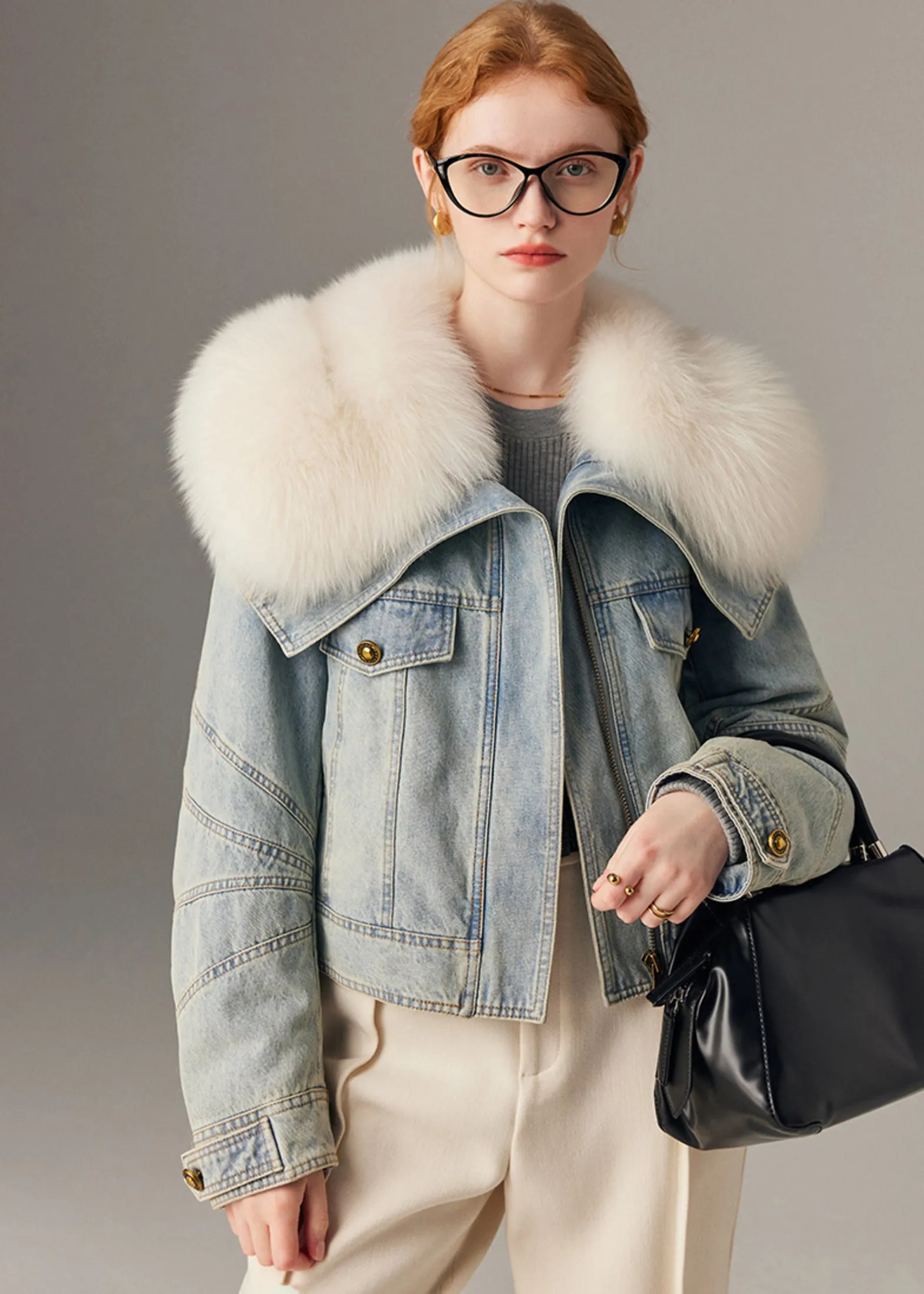 Real Fox Fur Collar Quilted Goose Down Short Denim Coat