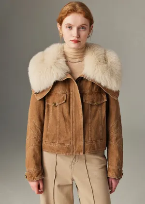 Real Fox Fur Collar Quilted Goose Down Short Denim Coat