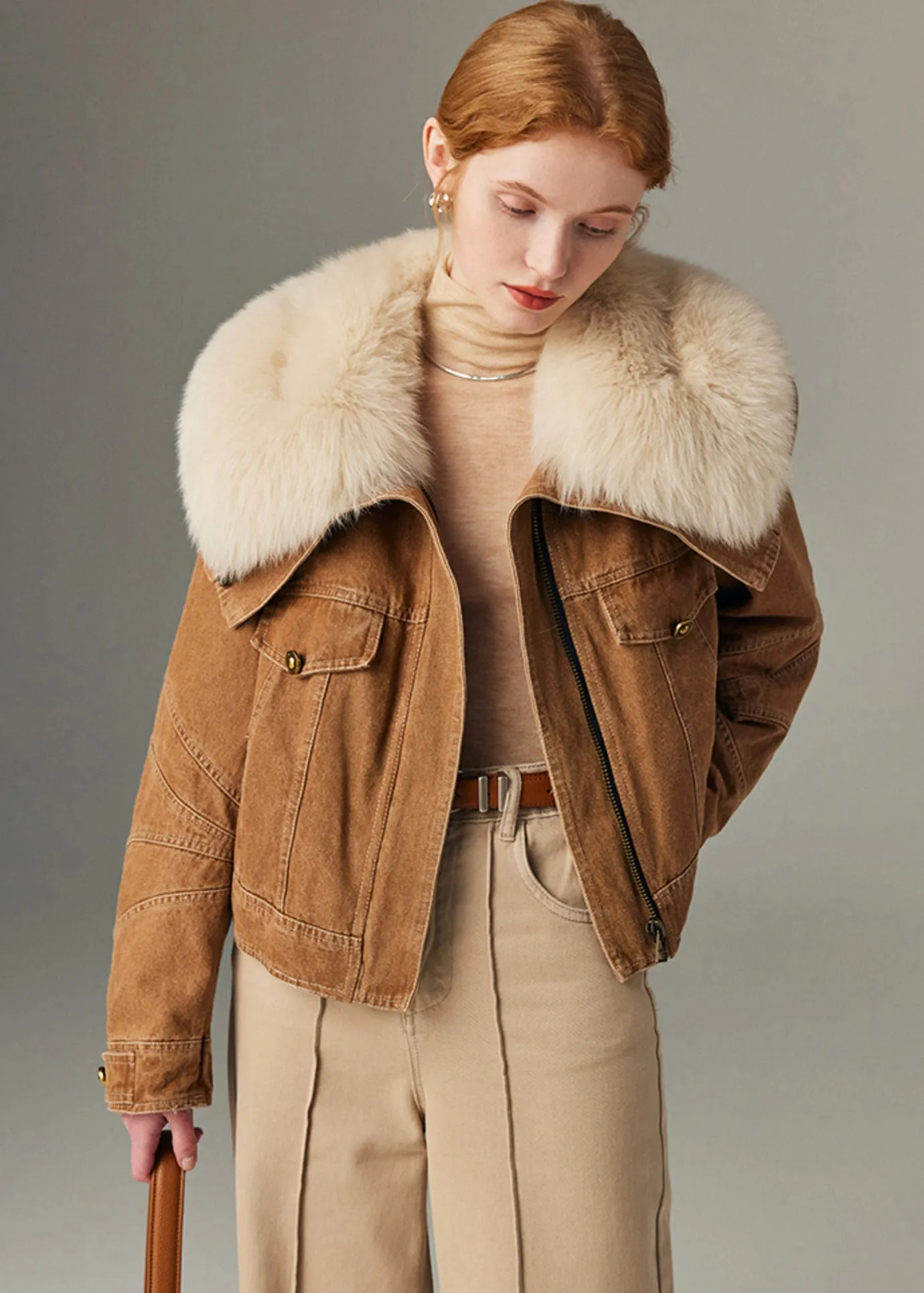 Real Fox Fur Collar Quilted Goose Down Short Denim Coat