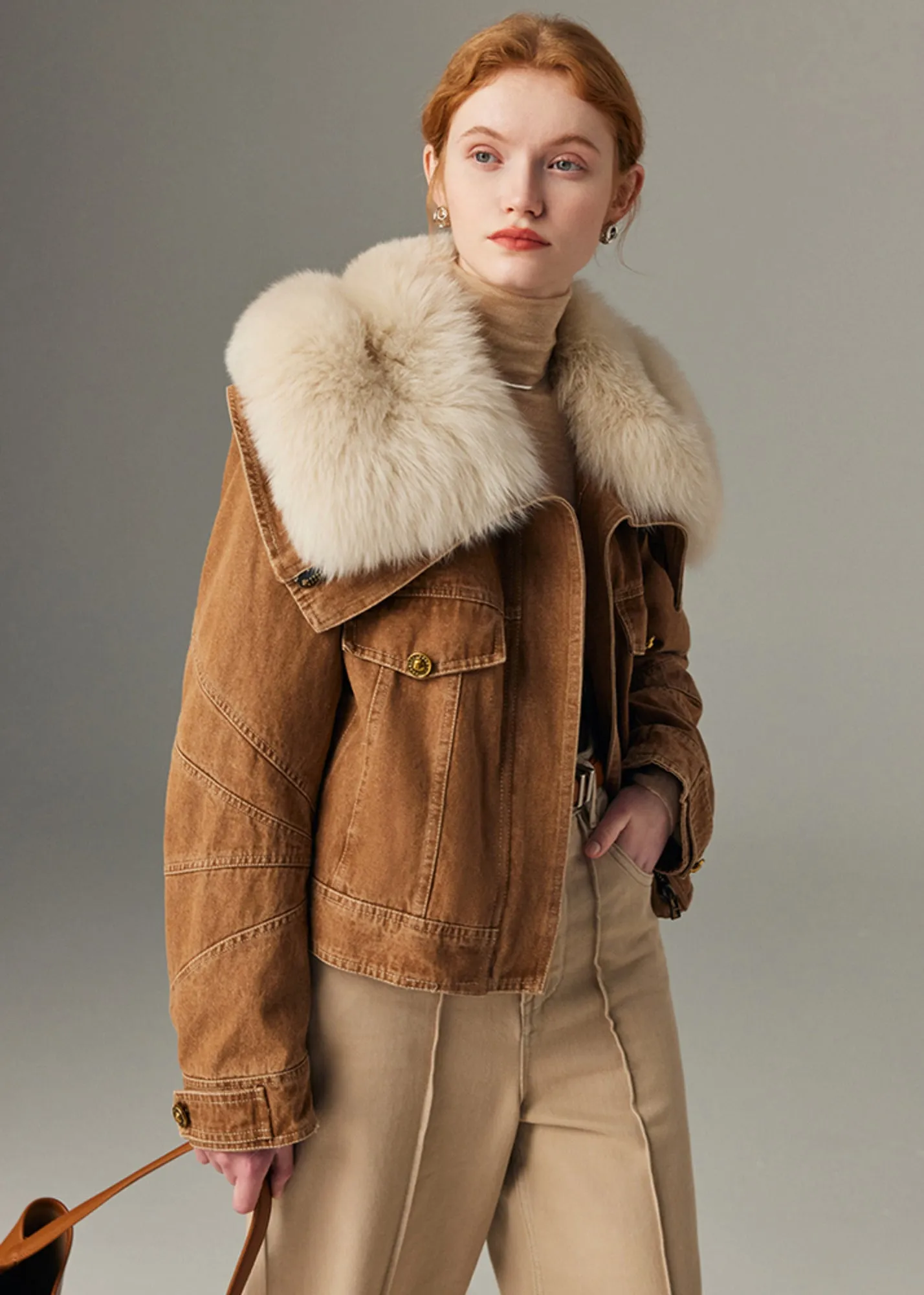 Real Fox Fur Collar Quilted Goose Down Short Denim Coat