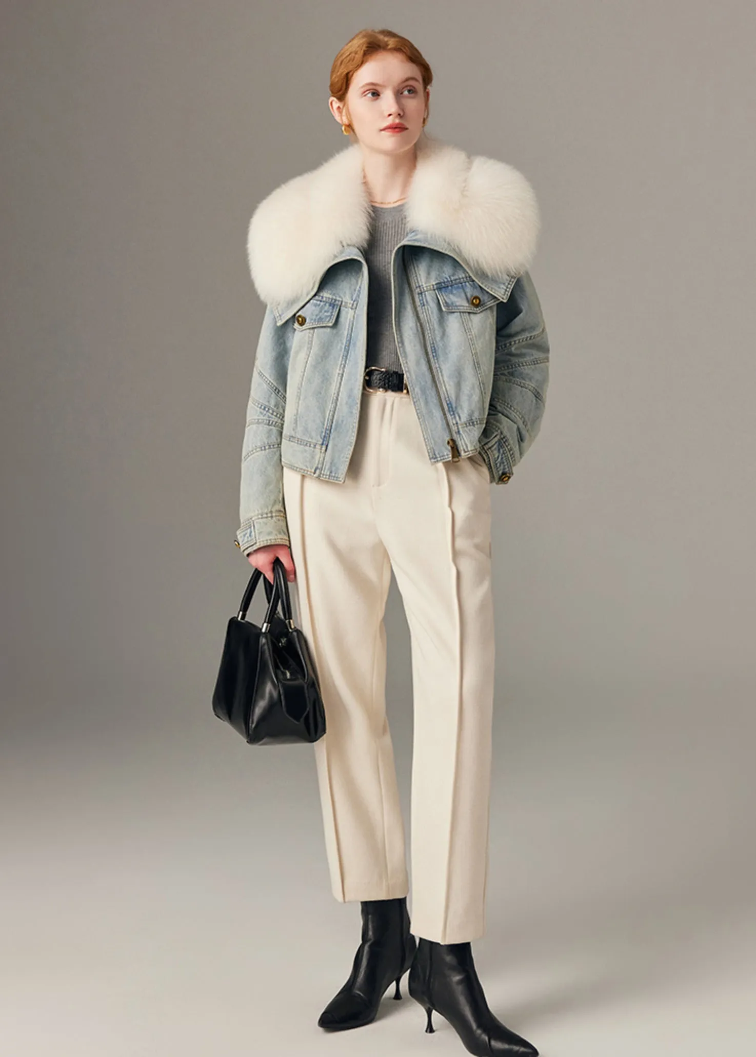 Real Fox Fur Collar Quilted Goose Down Short Denim Coat