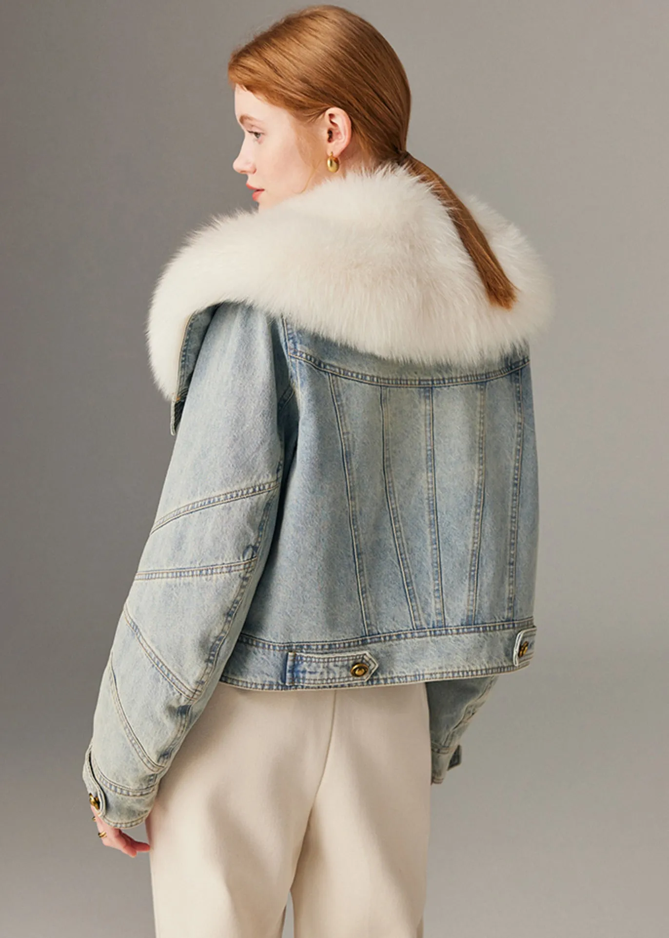 Real Fox Fur Collar Quilted Goose Down Short Denim Coat