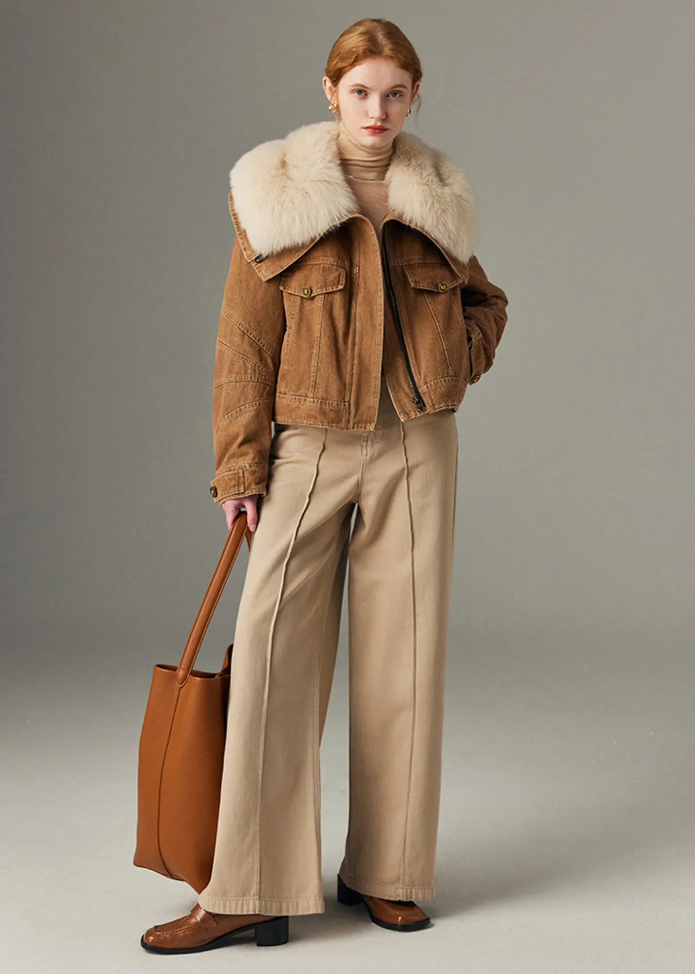 Real Fox Fur Collar Quilted Goose Down Short Denim Coat