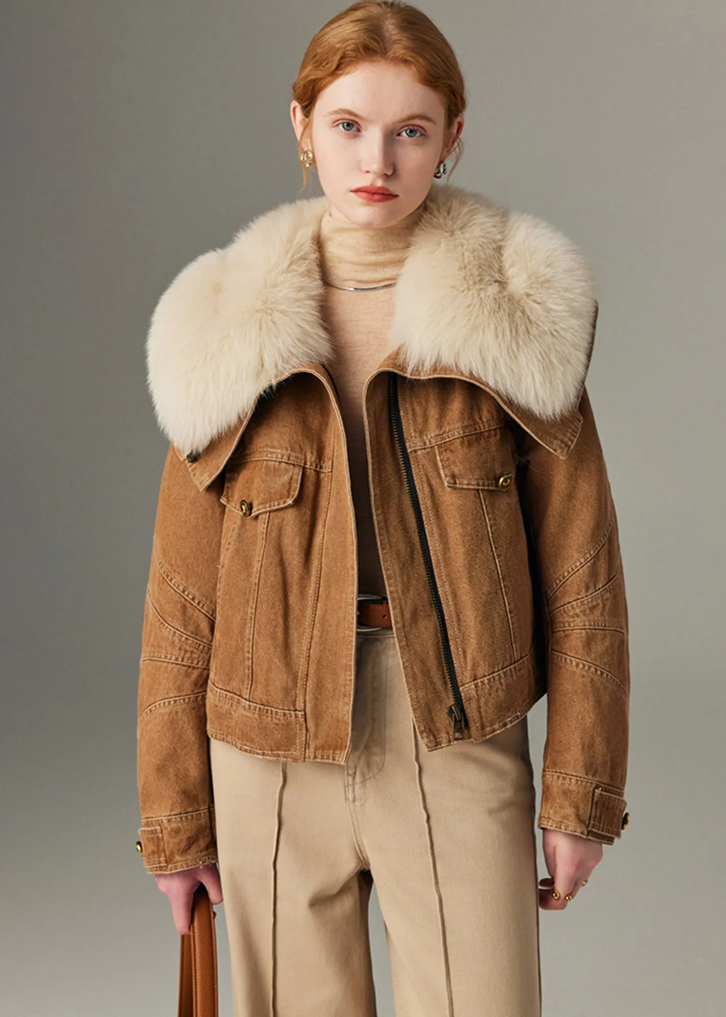 Real Fox Fur Collar Quilted Goose Down Short Denim Coat