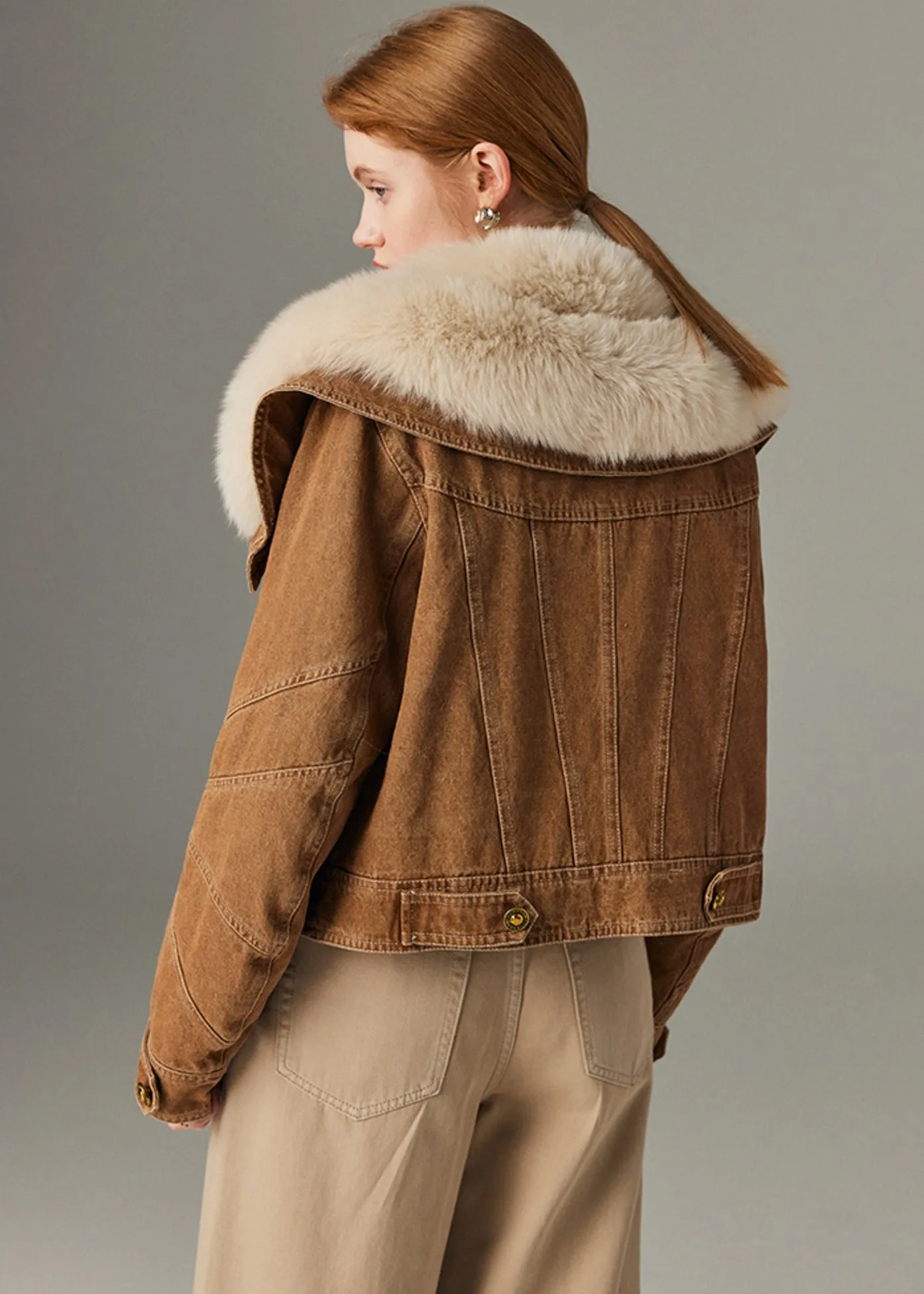 Real Fox Fur Collar Quilted Goose Down Short Denim Coat