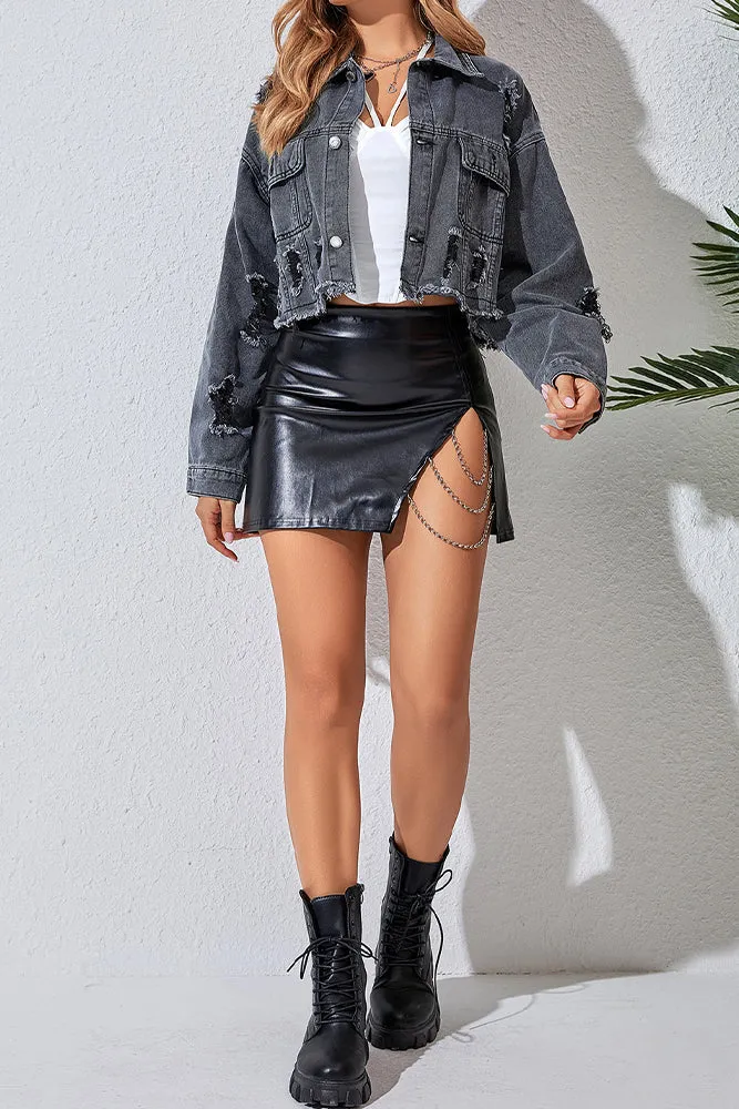 Ripped Raw Hem Denim Short Jacket