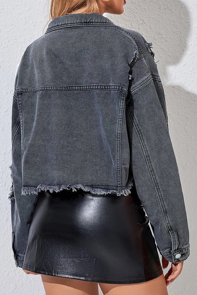 Ripped Raw Hem Denim Short Jacket