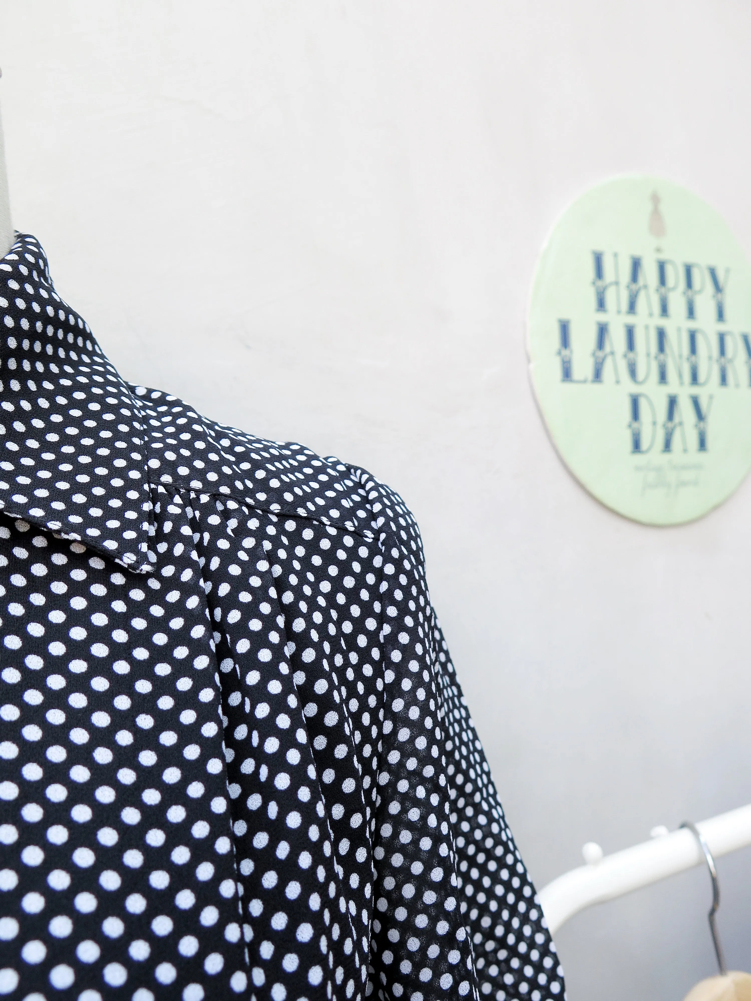 Serina | Vintage 1950s 1960s Simple black polka dot shirt shirt dress with solid stripe hem