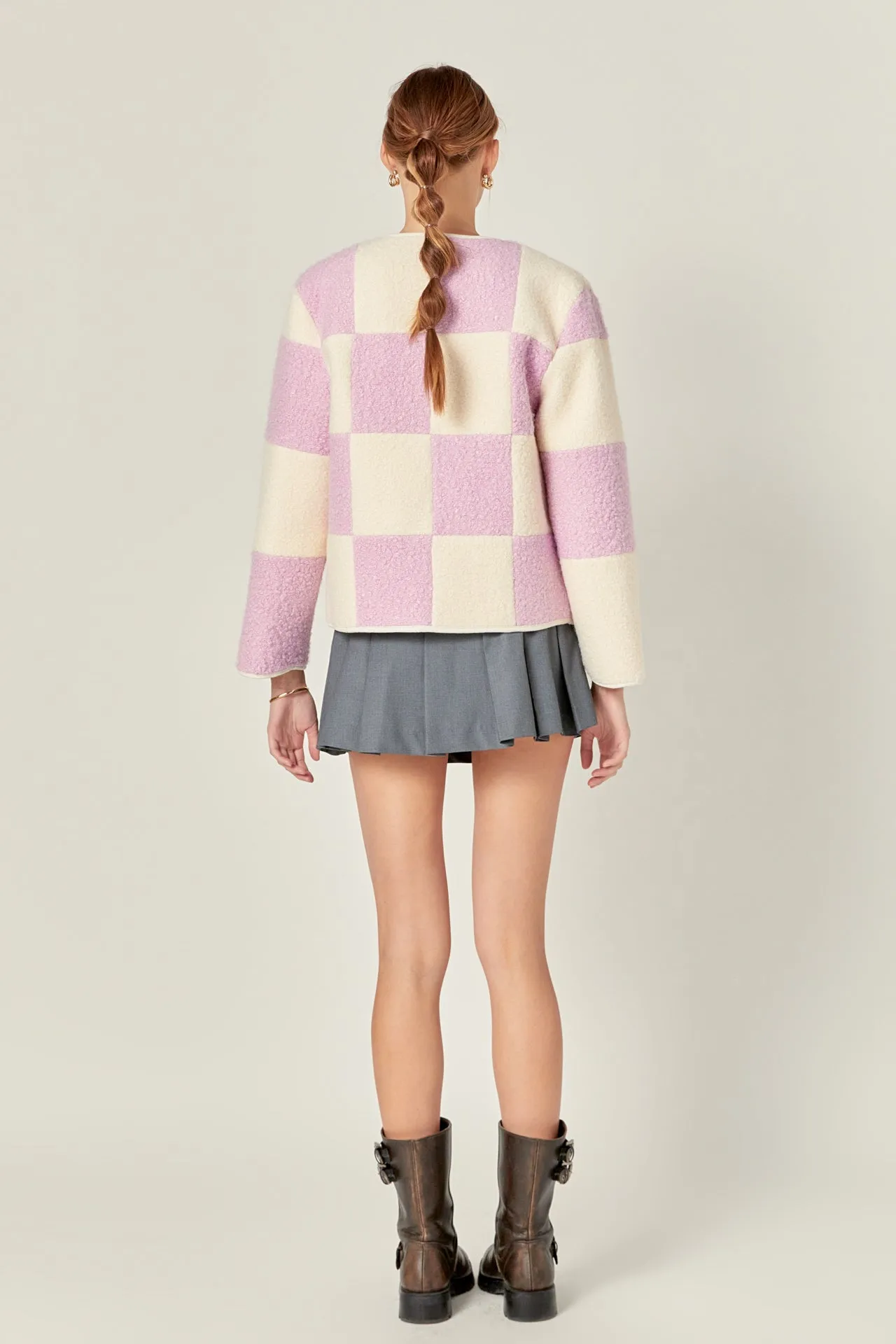 Shearling Check Cardigan
